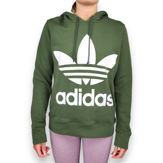 Adidas Green Trefoil Logo Big Graphic Print Cotton Pullover Hoodie Women Size UK 6