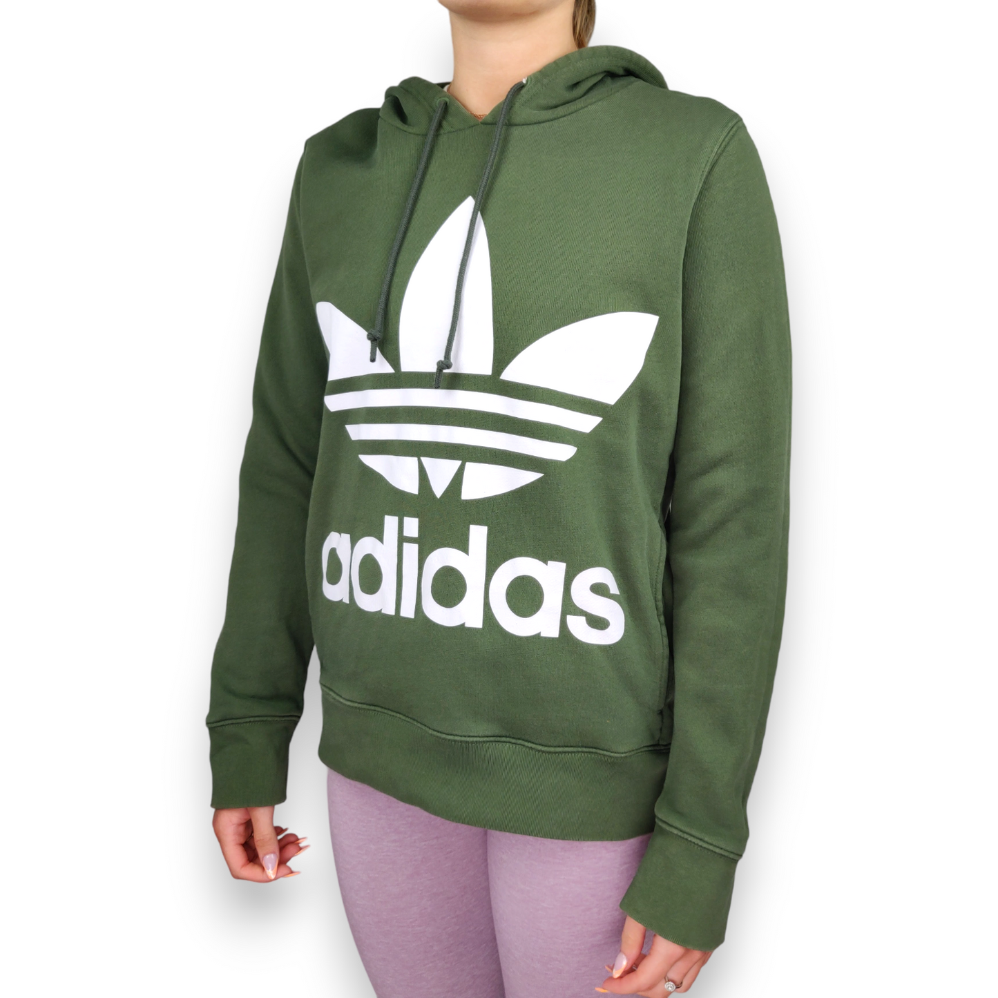 Adidas Green Trefoil Logo Big Graphic Print Cotton Pullover Hoodie Women Size UK 6
