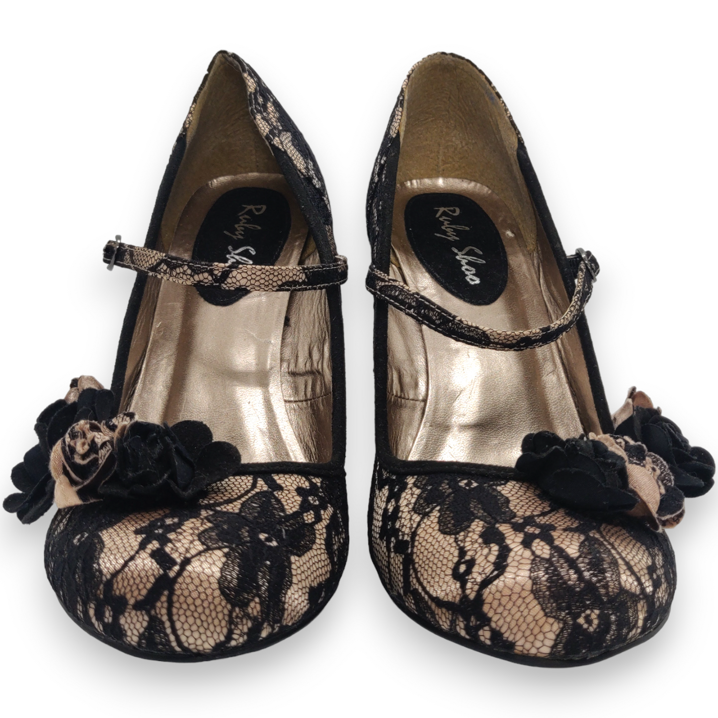Ruby Shoo Black Lace Champagne Roses Court Heels Shoes Women Size UK 6 (EU 39)