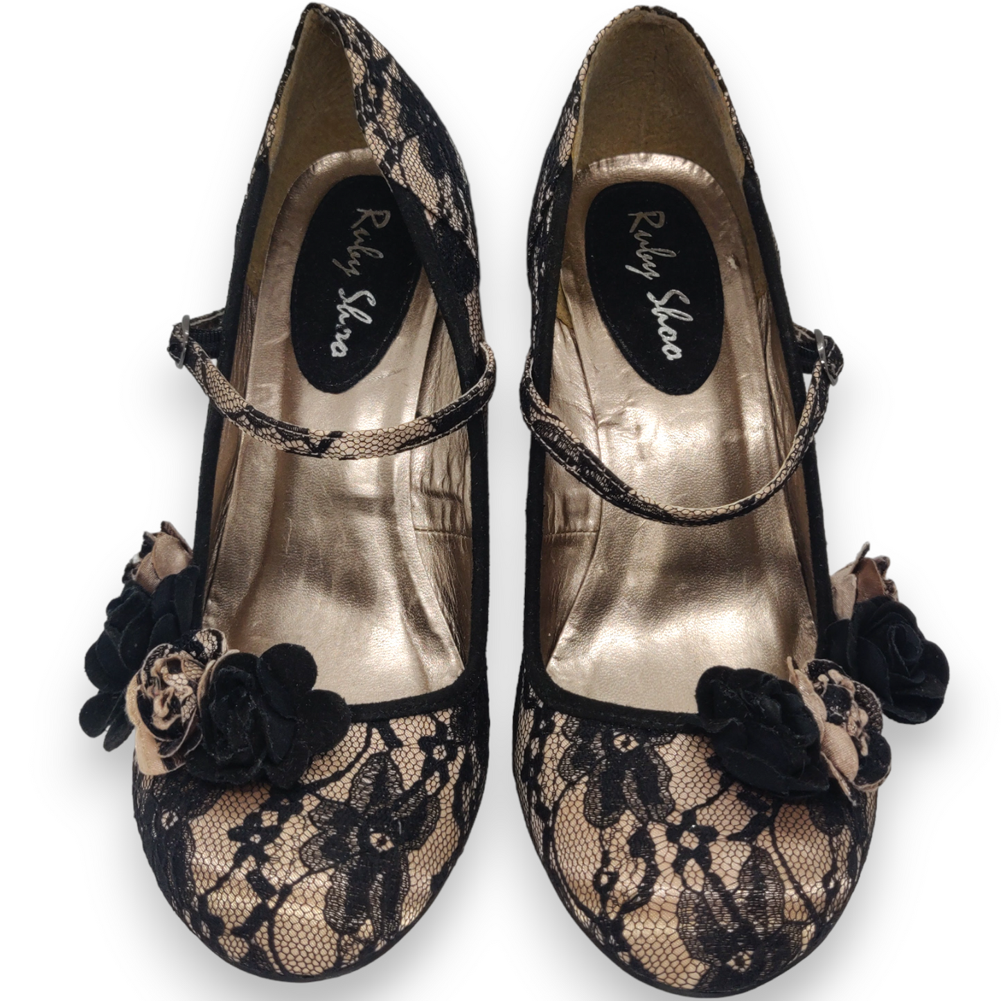Ruby Shoo Black Lace Champagne Roses Court Heels Shoes Women Size UK 6 (EU 39)