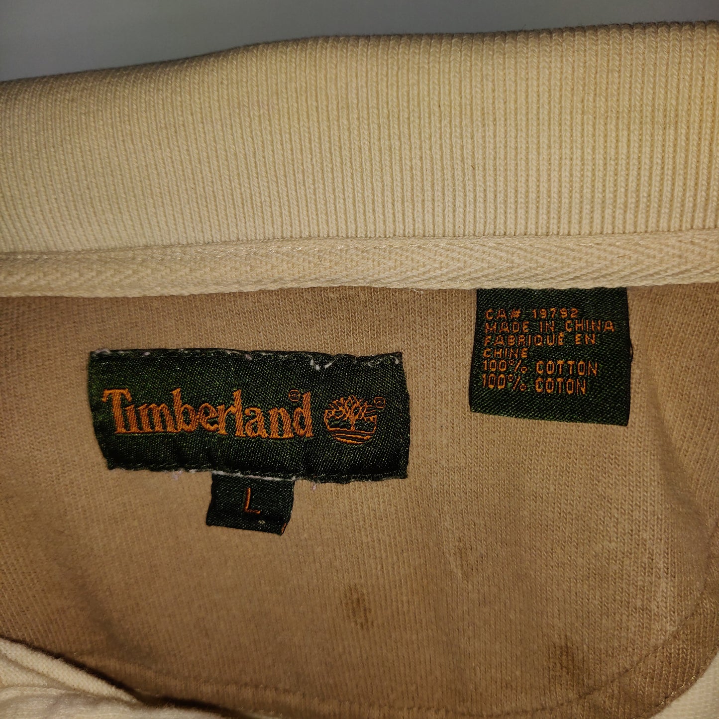 Timberland Vintage White Long Sleeve Cotton Polo Shirt Men Size Large