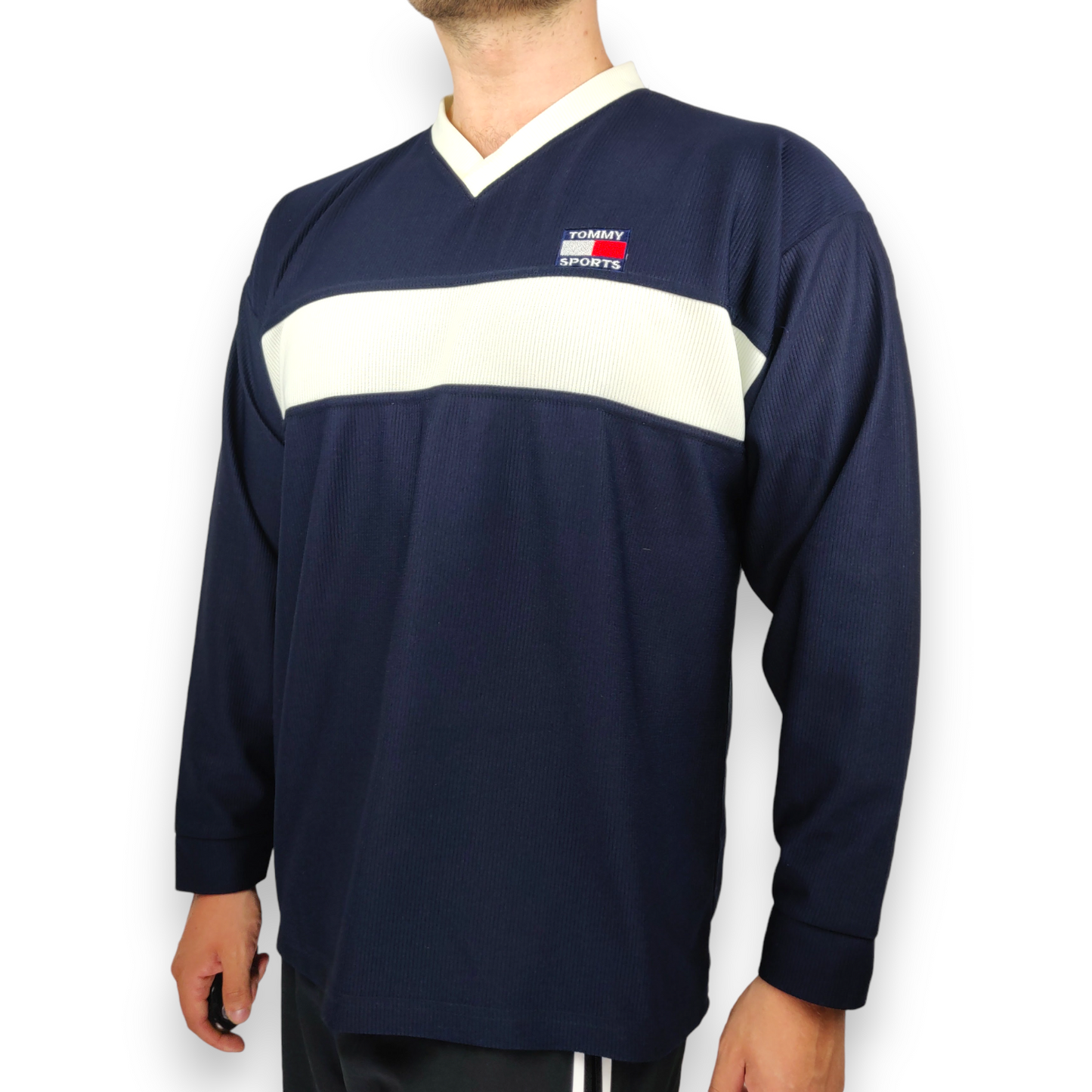 Tommy Hilfiger Vintage Navy Blue Long Sleeve Activewear T-shirt Men Size Large