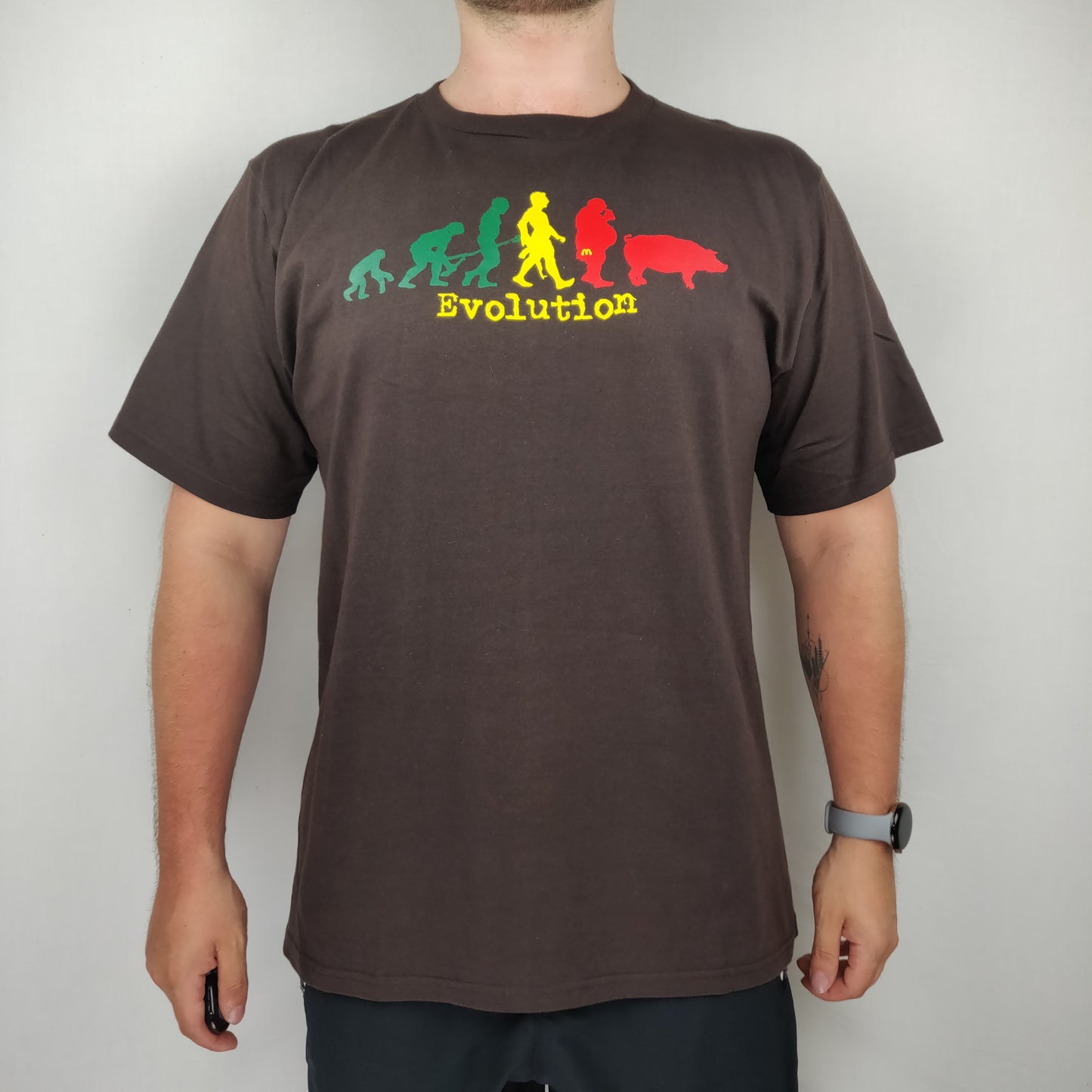 M-U Human Evolution Brown Cotton Short Sleeve T-shirt Men Size Large