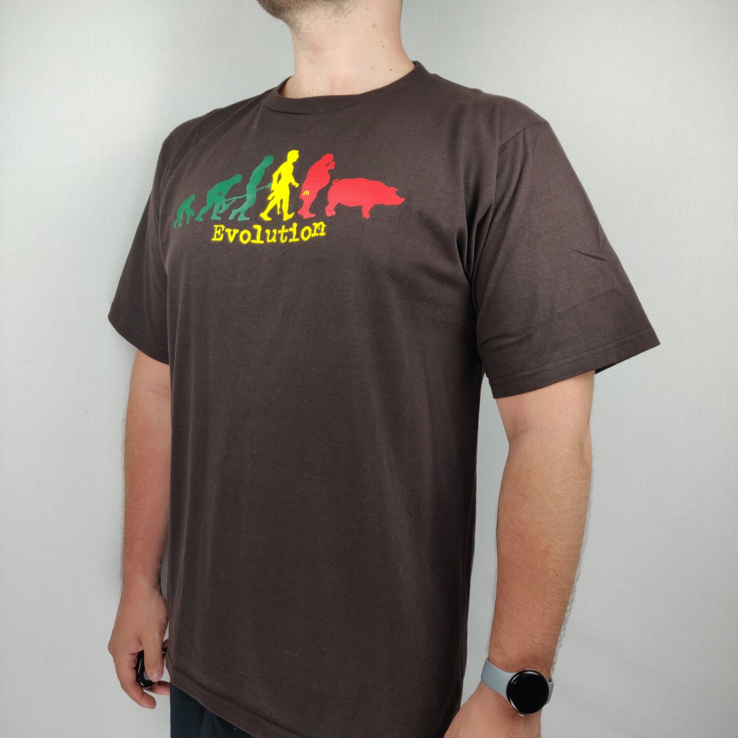 M-U Human Evolution Brown Cotton Short Sleeve T-shirt Men Size Large