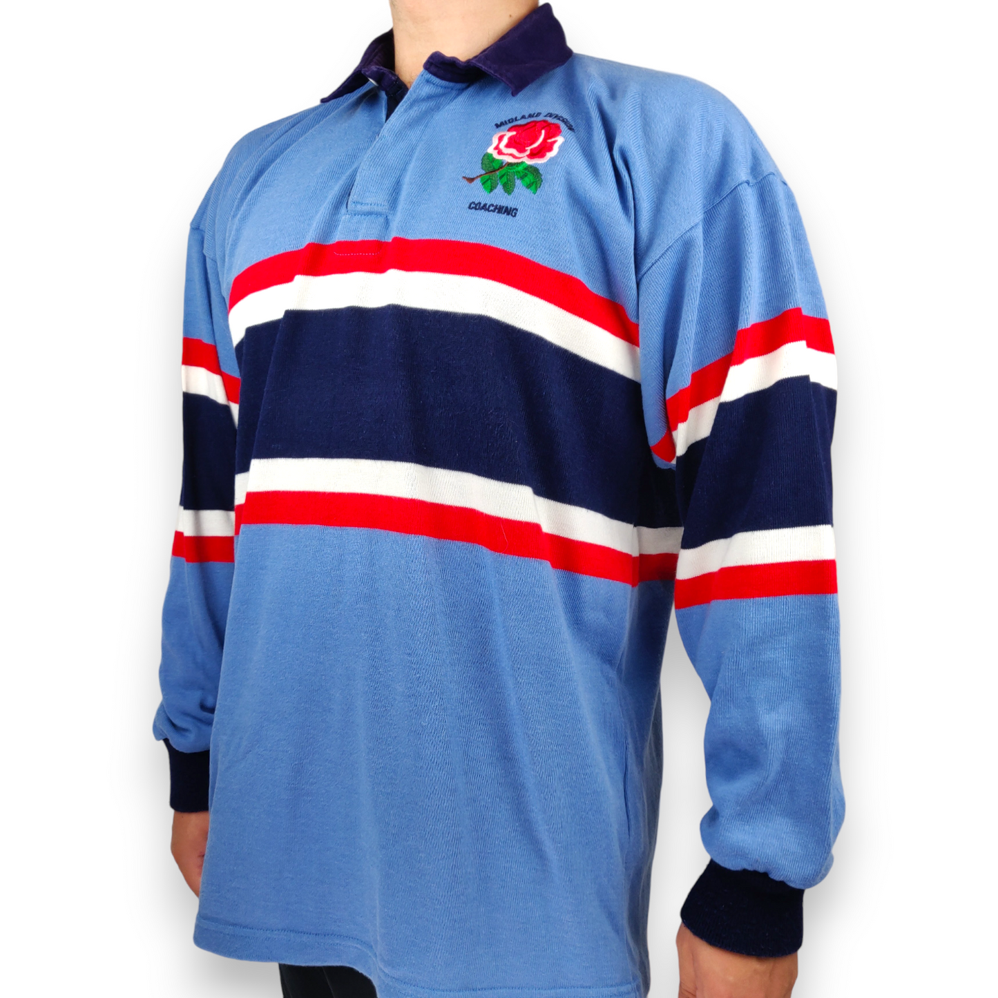 UNI JW Sport 2000 Midland Division Vintage Blue Rugby Polo Shirt Red Rose Men Size XL
