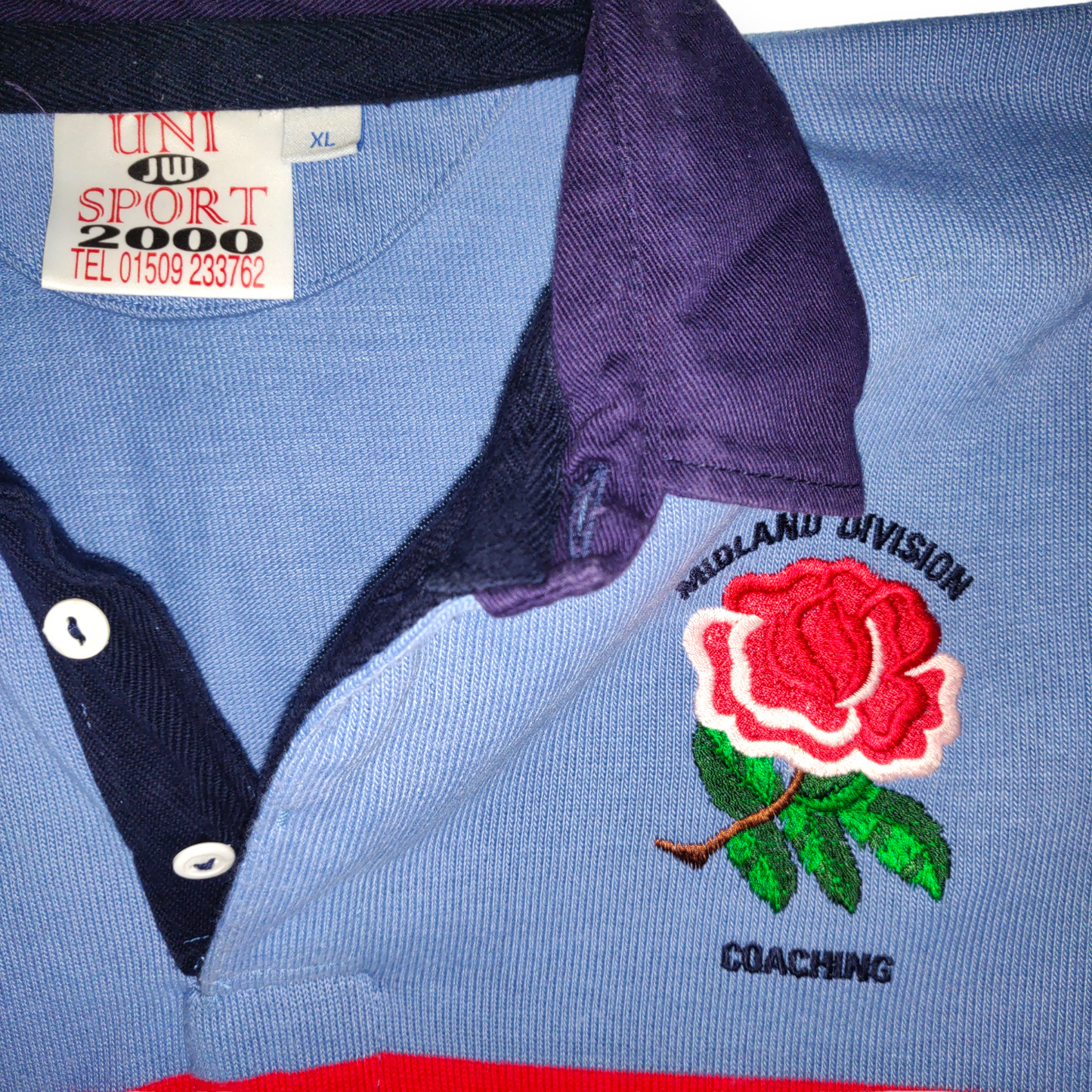 UNI JW Sport 2000 Midland Division Vintage Blue Rugby Polo Shirt Red Rose Men Size XL