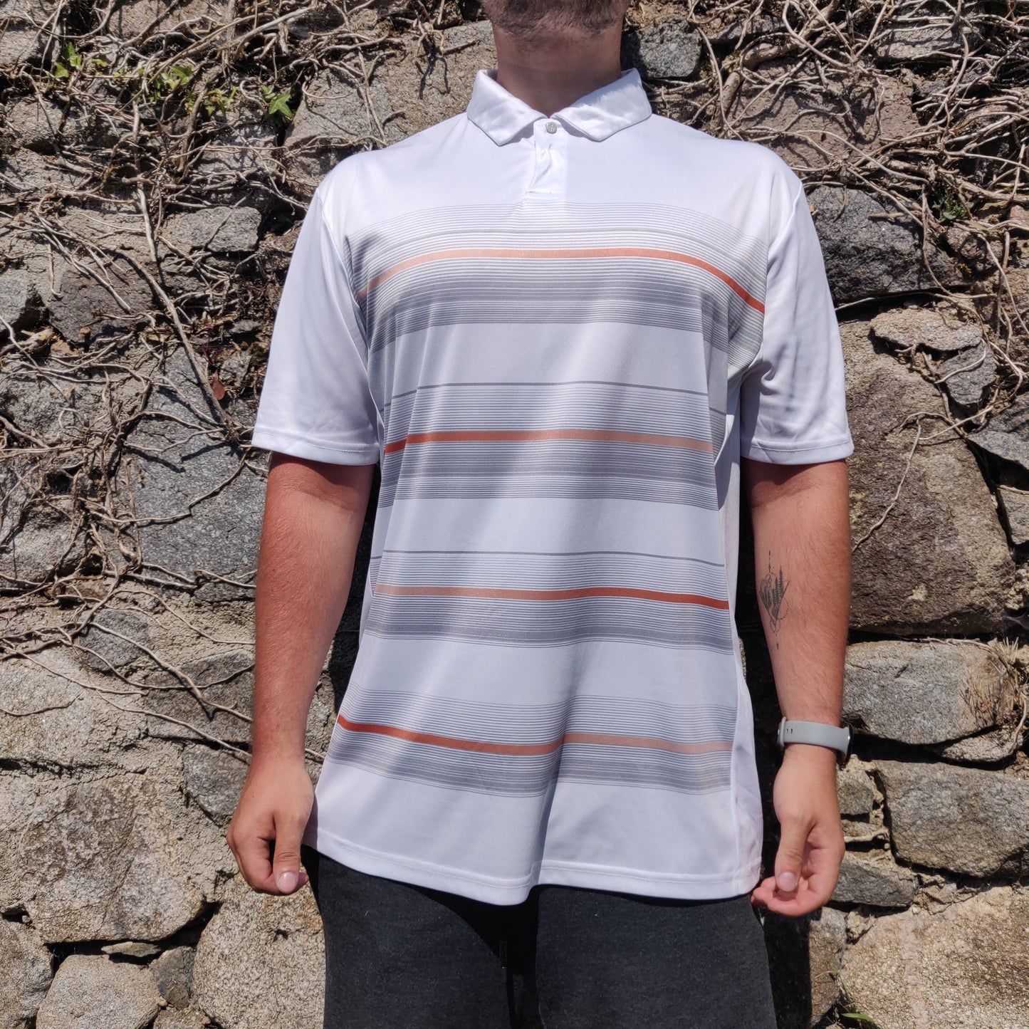 Island Green White Classic Fit Short Sleeve Golf Striped Polo Shirt Men Size XL