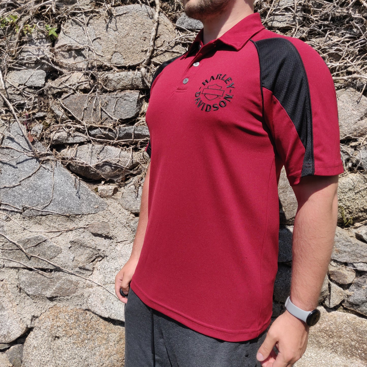 Harley Davidson Red Short Sleeve Half Button Graphic Polo Shirt Men Size Medium