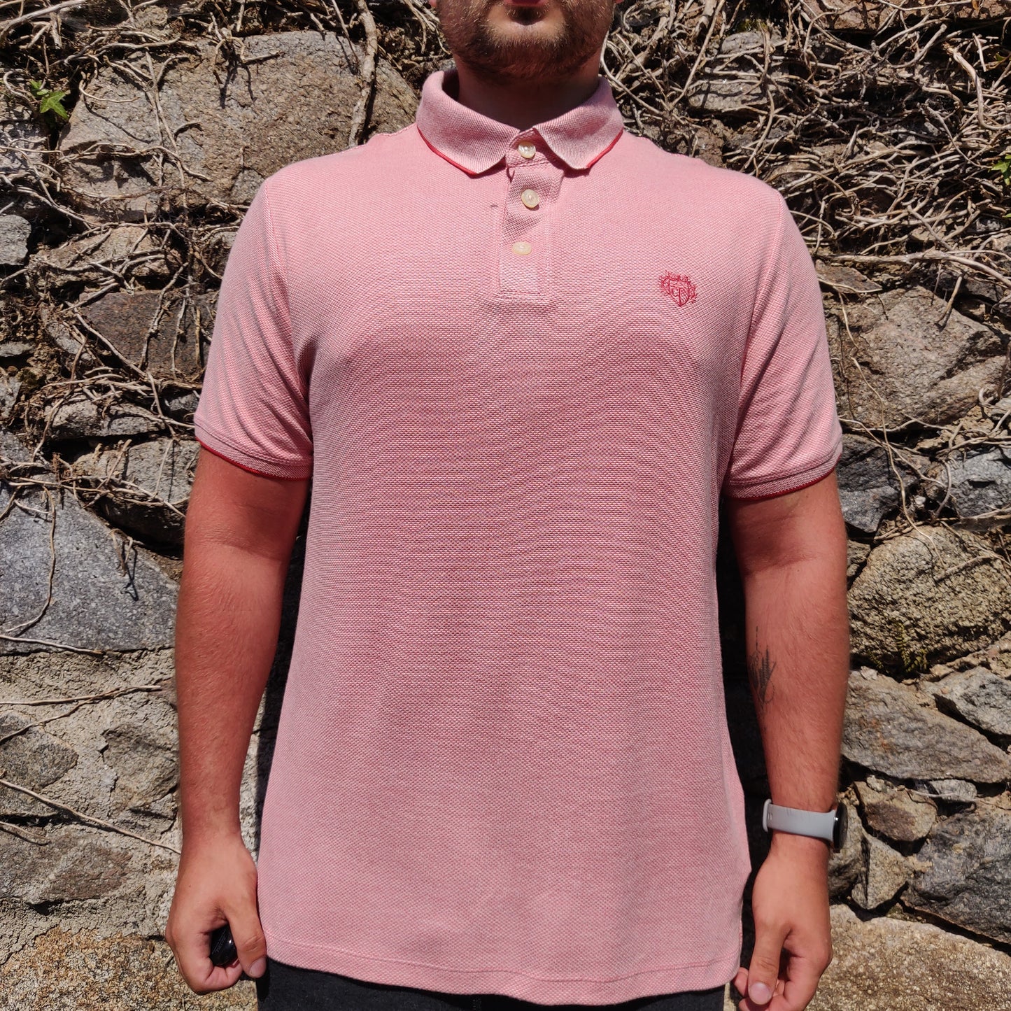 Paul Costelloe Living Pink Short Sleeve Half Button Oxford Polo Shirt Men Size Large