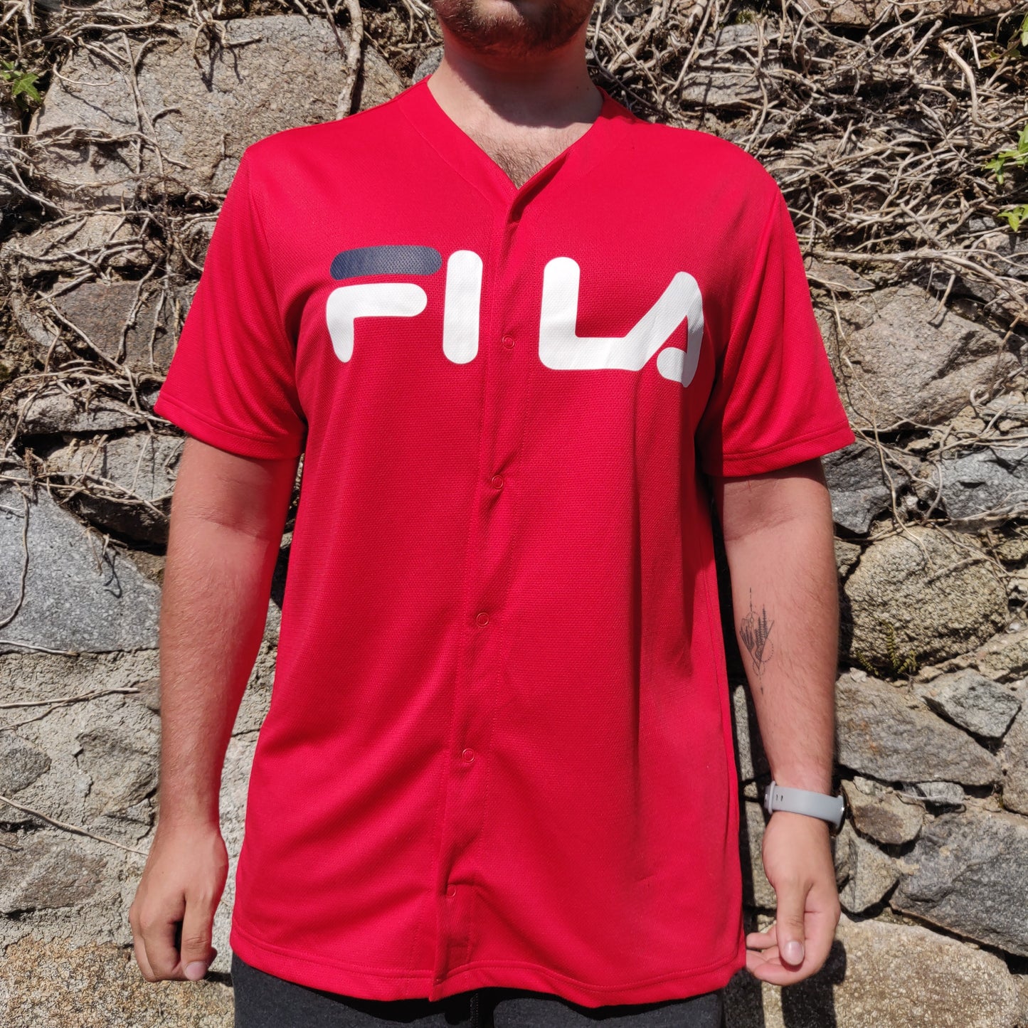 FILA Vintage Red Mesh Button Up V-Neck Logo Baseball Jersey Shirt Men Size Large