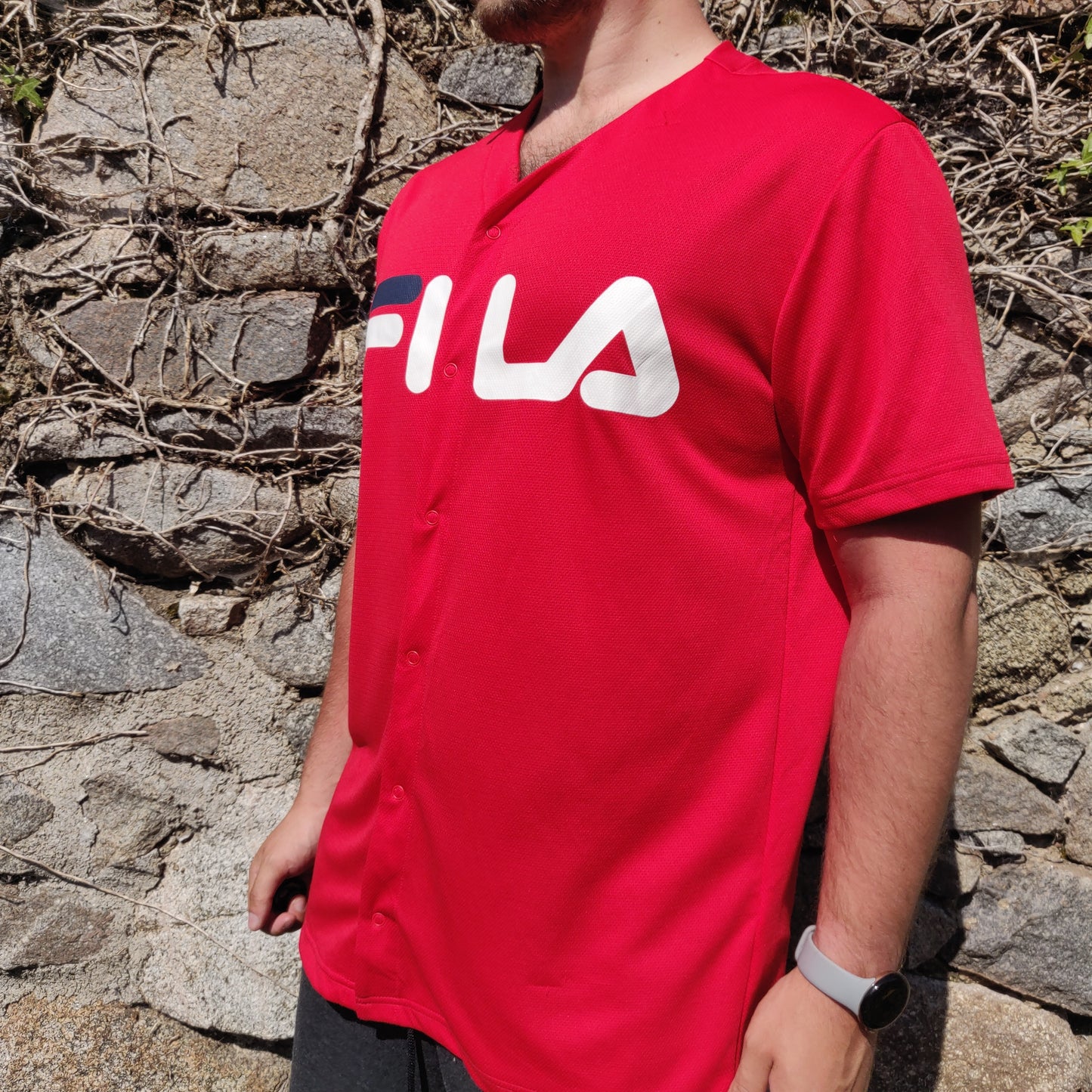 FILA Vintage Red Mesh Button Up V-Neck Logo Baseball Jersey Shirt Men Size Large