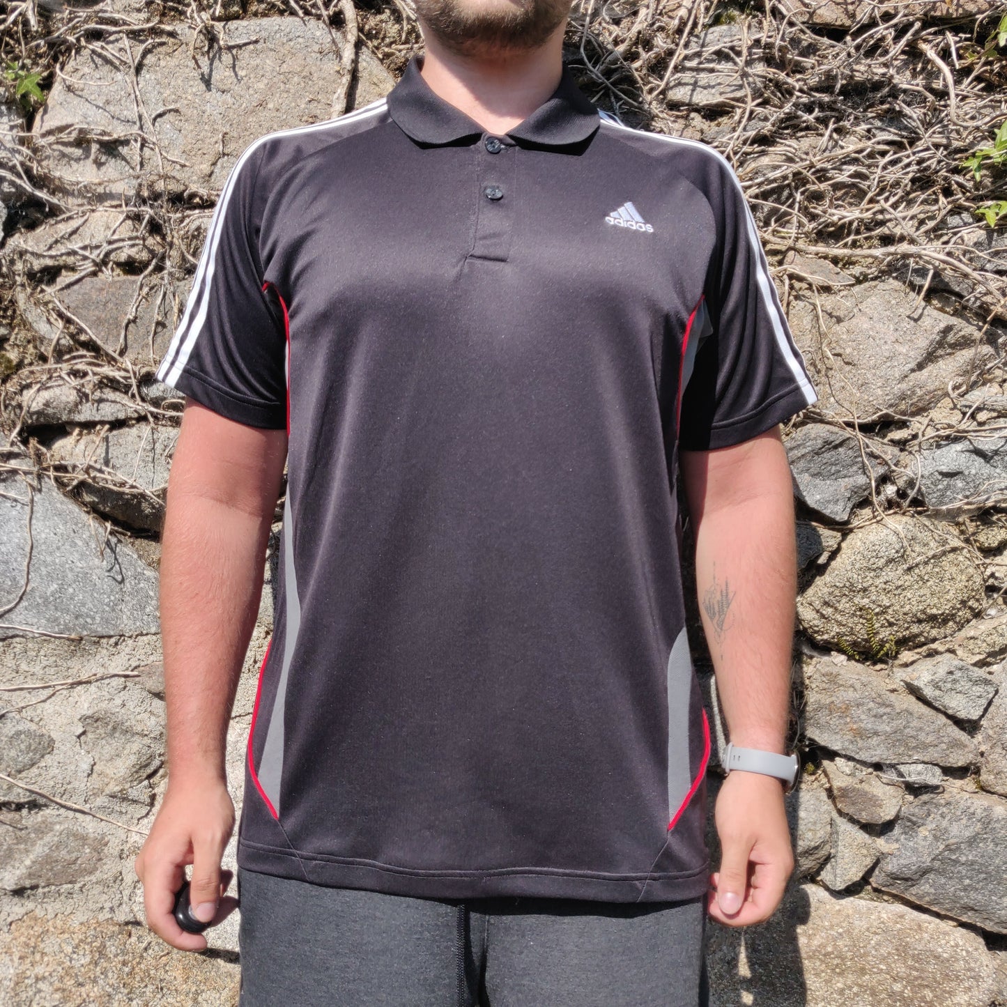 Adidas ClimaLite 3 Stripes Black Short Sleeve Button Up Golf Polo Shirt Men Size Large