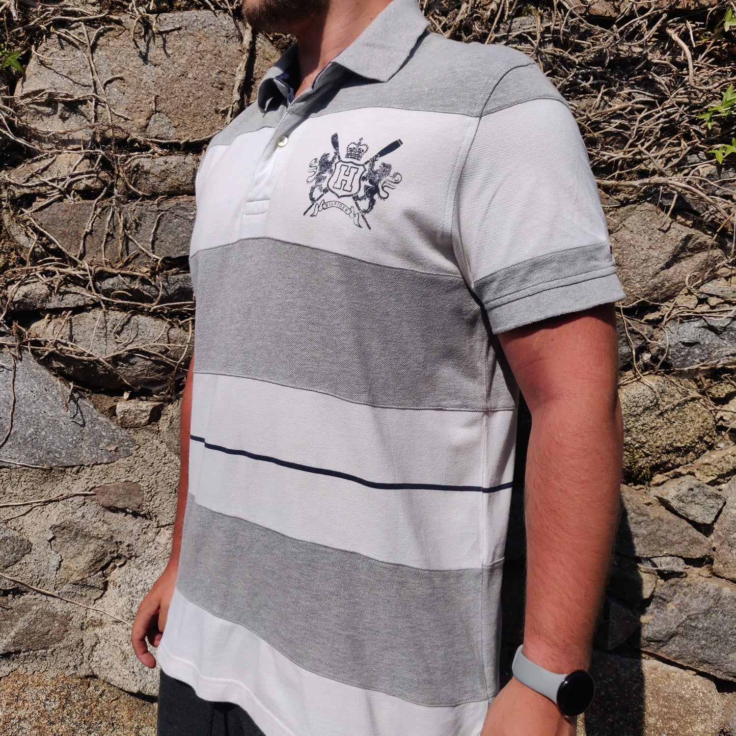 Tommy Hilfiger Custom Fit White Grey Striped Cotton Golf Polo Shirt Men Size Large