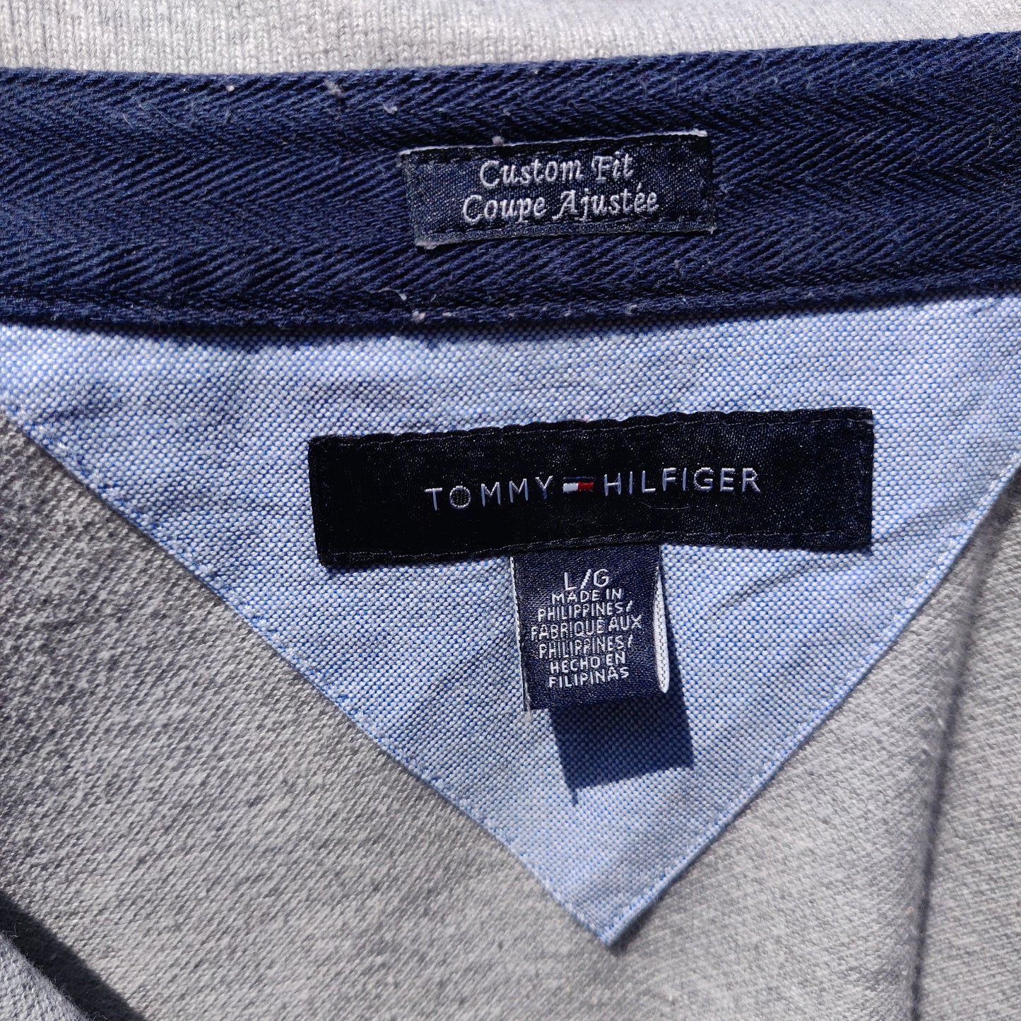 Tommy Hilfiger Custom Fit White Grey Striped Cotton Golf Polo Shirt Men Size Large