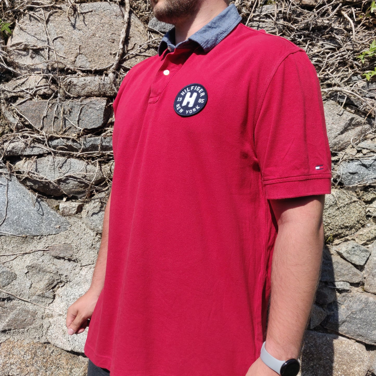 Tommy Hilfiger New York 1985 Red Button Up Short Sleeve Cotton Polo Shirt Men XL