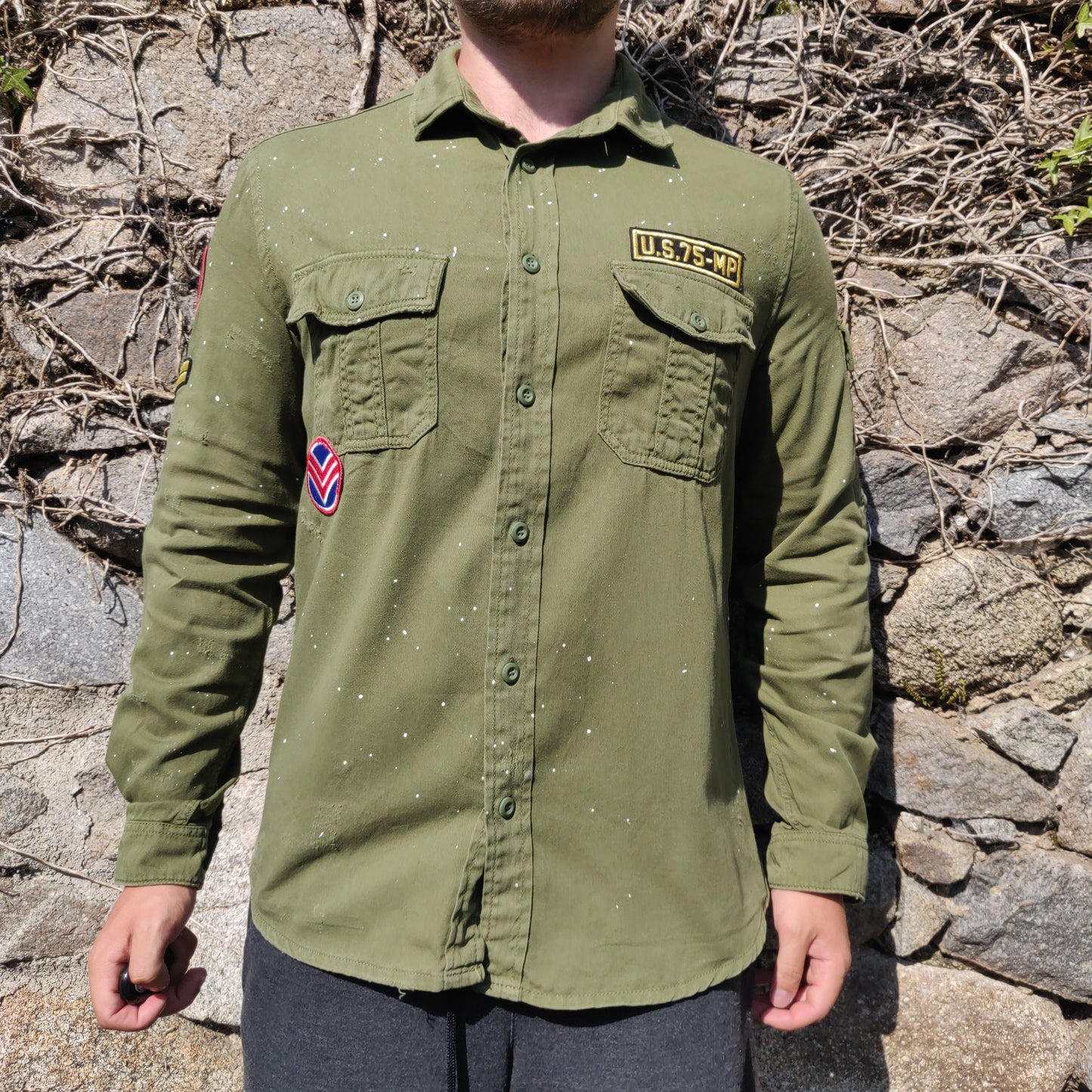 Zara Military Green Long Sleeve Patches Paint Splatter Design Over Shirt Men Medium