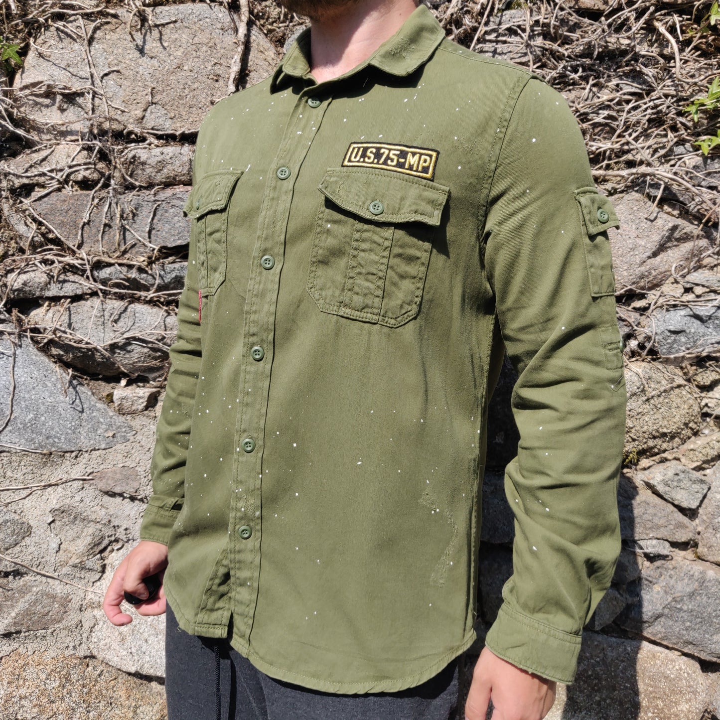 Zara Military Green Long Sleeve Patches Paint Splatter Design Over Shirt Men Medium