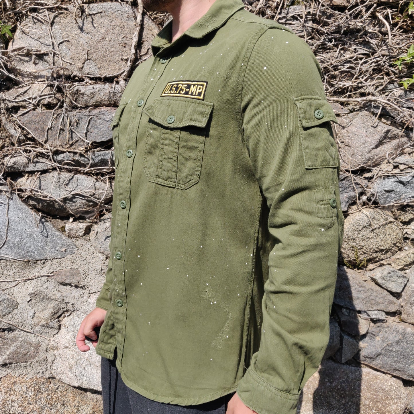 Zara Military Green Long Sleeve Patches Paint Splatter Design Over Shirt Men Medium