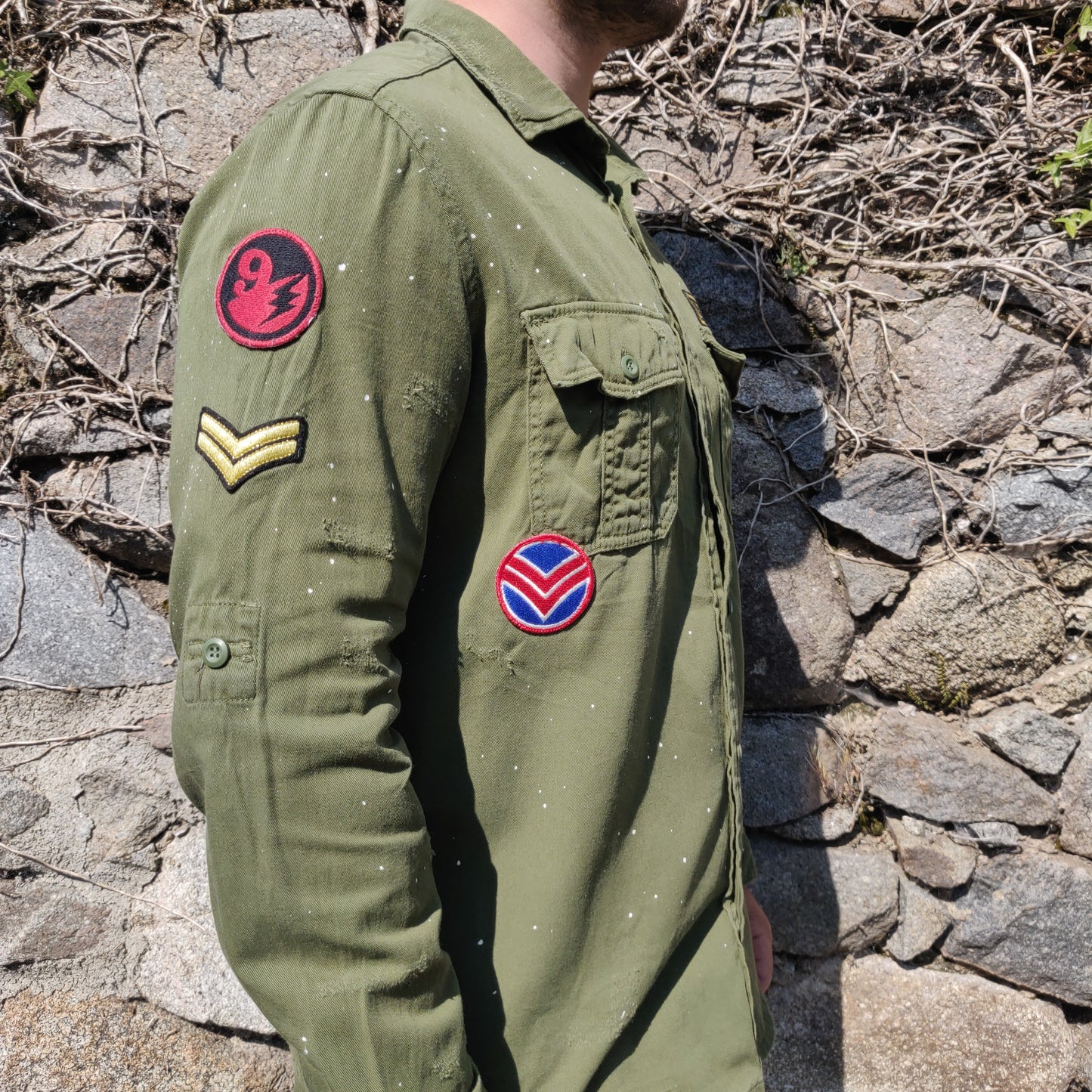 Zara Military Green Long Sleeve Patches Paint Splatter Design Over Shirt Men Medium