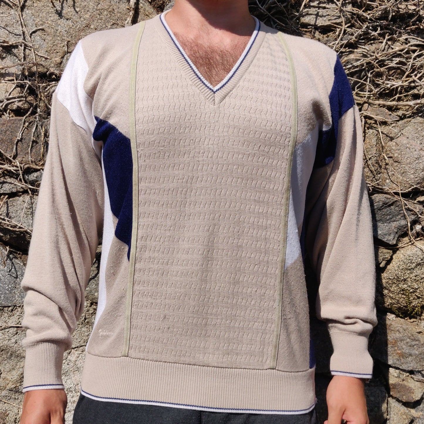 Gabicci Vintage Italy Beige V Neck Knitted Wool Blend Jumper Sweater Men Size Large