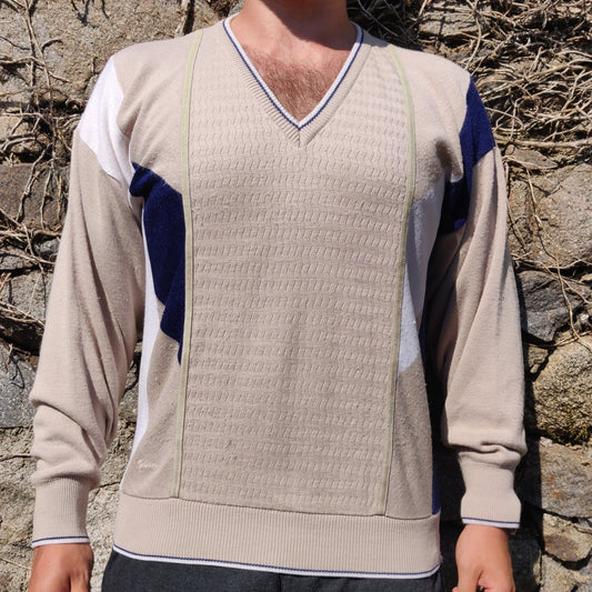 Gabicci Vintage Italy Beige V Neck Knitted Wool Blend Jumper Sweater Men Size Large