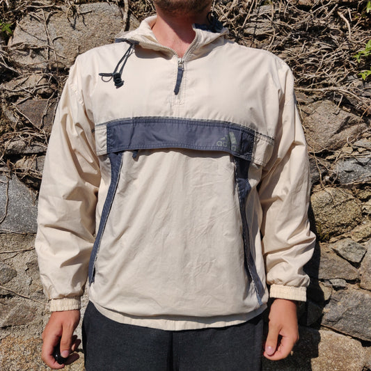 Adidas Vintage 90s Beige Loose Fit Half Zip Windbreaker Hooded Jacket Men Size Small