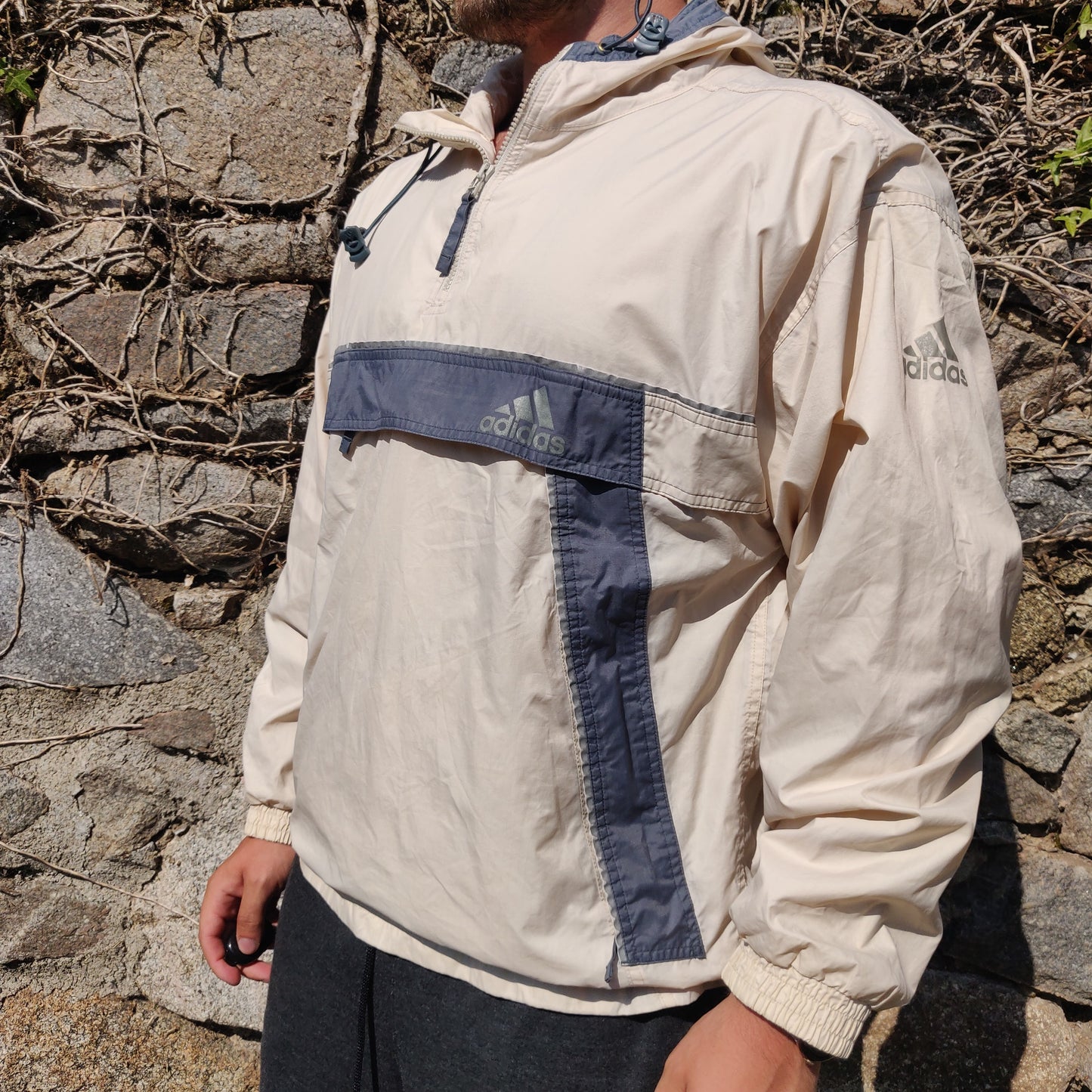 Adidas Vintage 90s Beige Loose Fit Half Zip Windbreaker Hooded Jacket Men Size Small