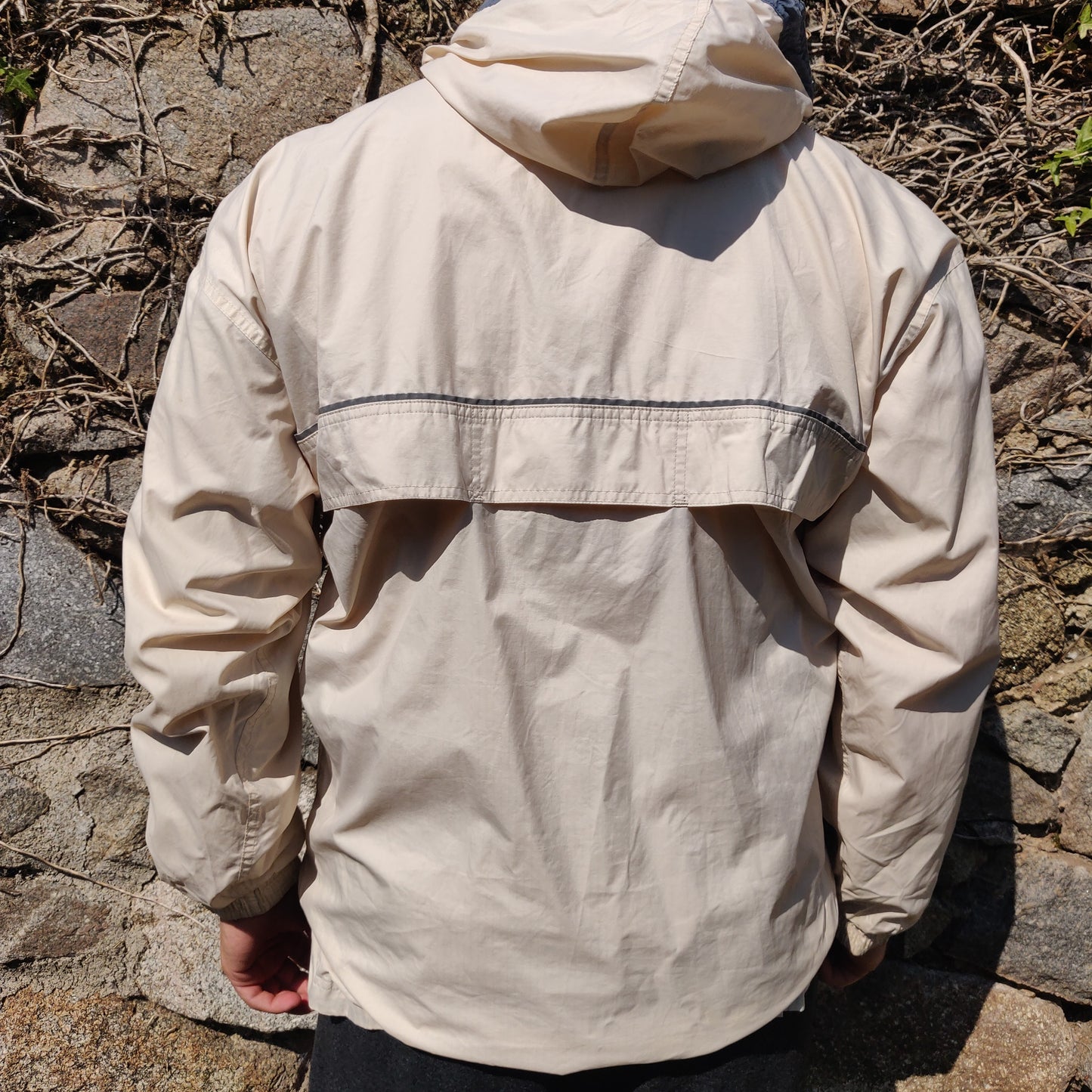 Adidas Vintage 90s Beige Loose Fit Half Zip Windbreaker Hooded Jacket Men Size Small