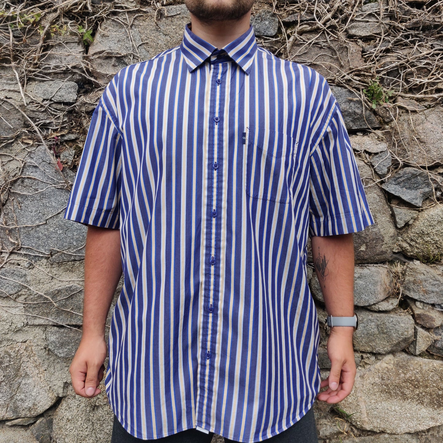 ANDRÉ Cool Blues Blue Short Sleeve Button Up Striped Casual Shirt Men Size XXL