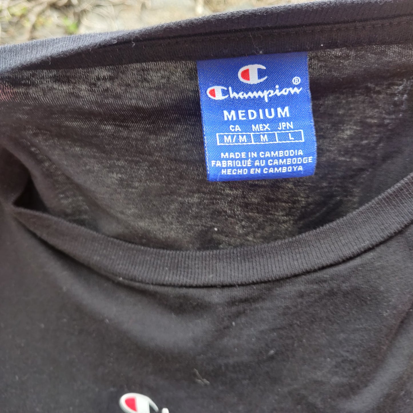 Champion Black Short Sleeve Spell Out Logo Crew Neck T-shirt Men Size Medium