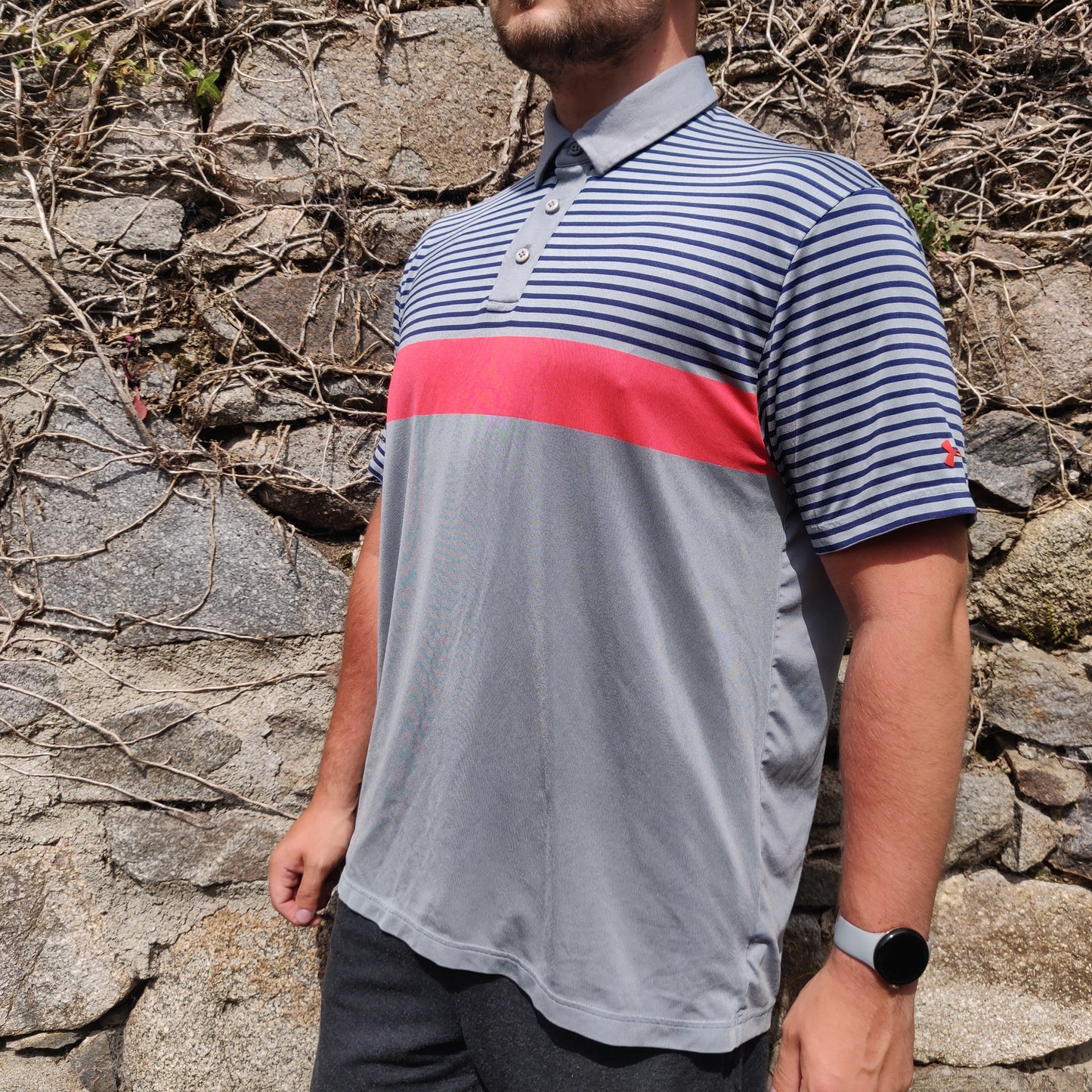 Under Armour HeatGear Grey Short Sleeve Loose Striped Golf Polo Shirt Men Size XL