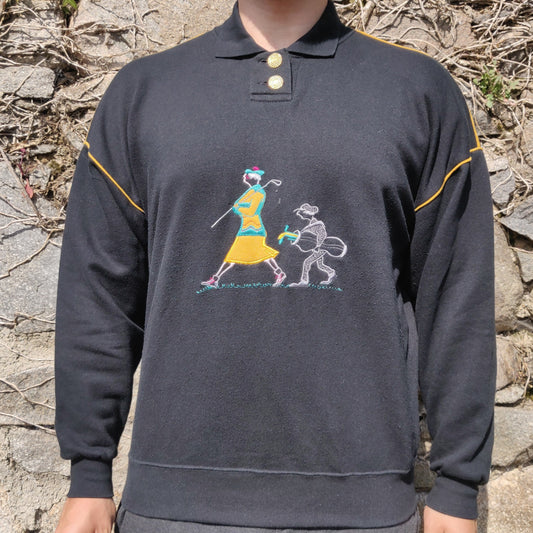 One Up Golf Vintage Black Loose Fit Embroidered Jumper Sweater Women Large