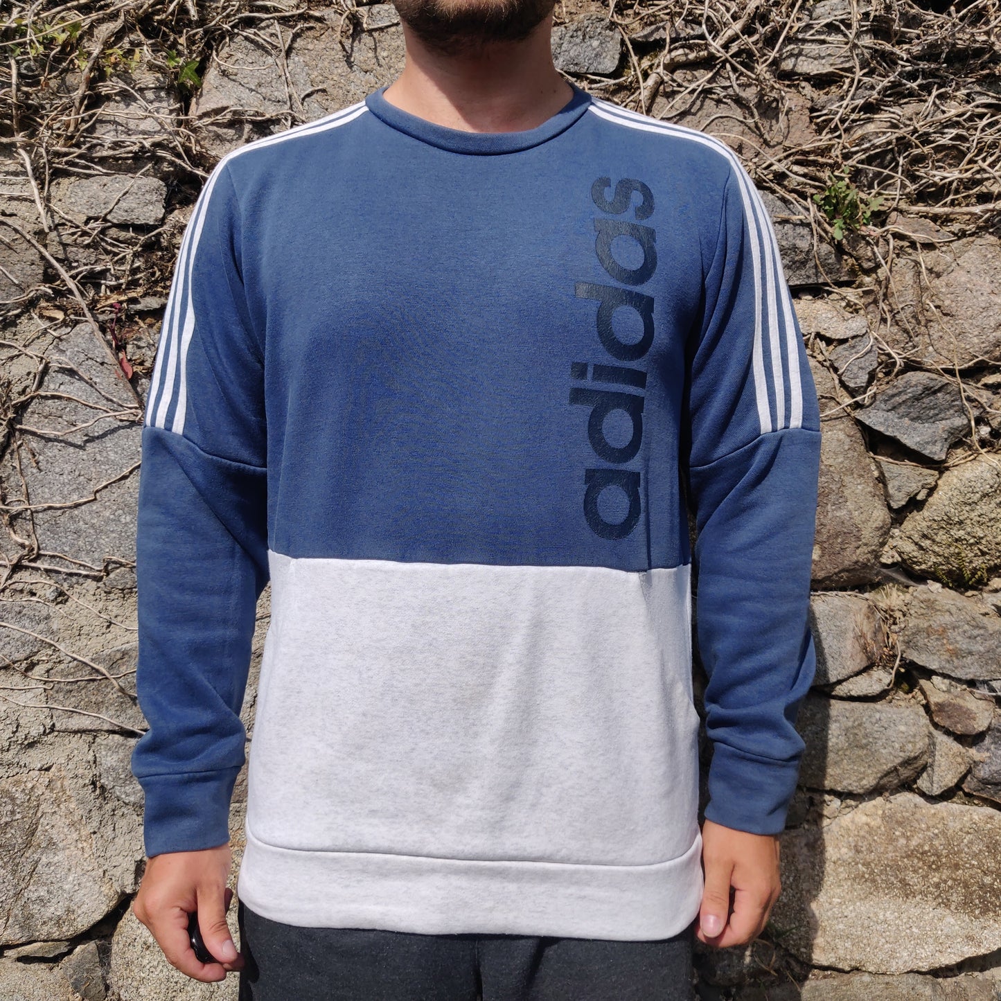 Adidas 3 Stripes Blue White Logo Spell Out Crew Neck Sweatshirt Jumper Men Large