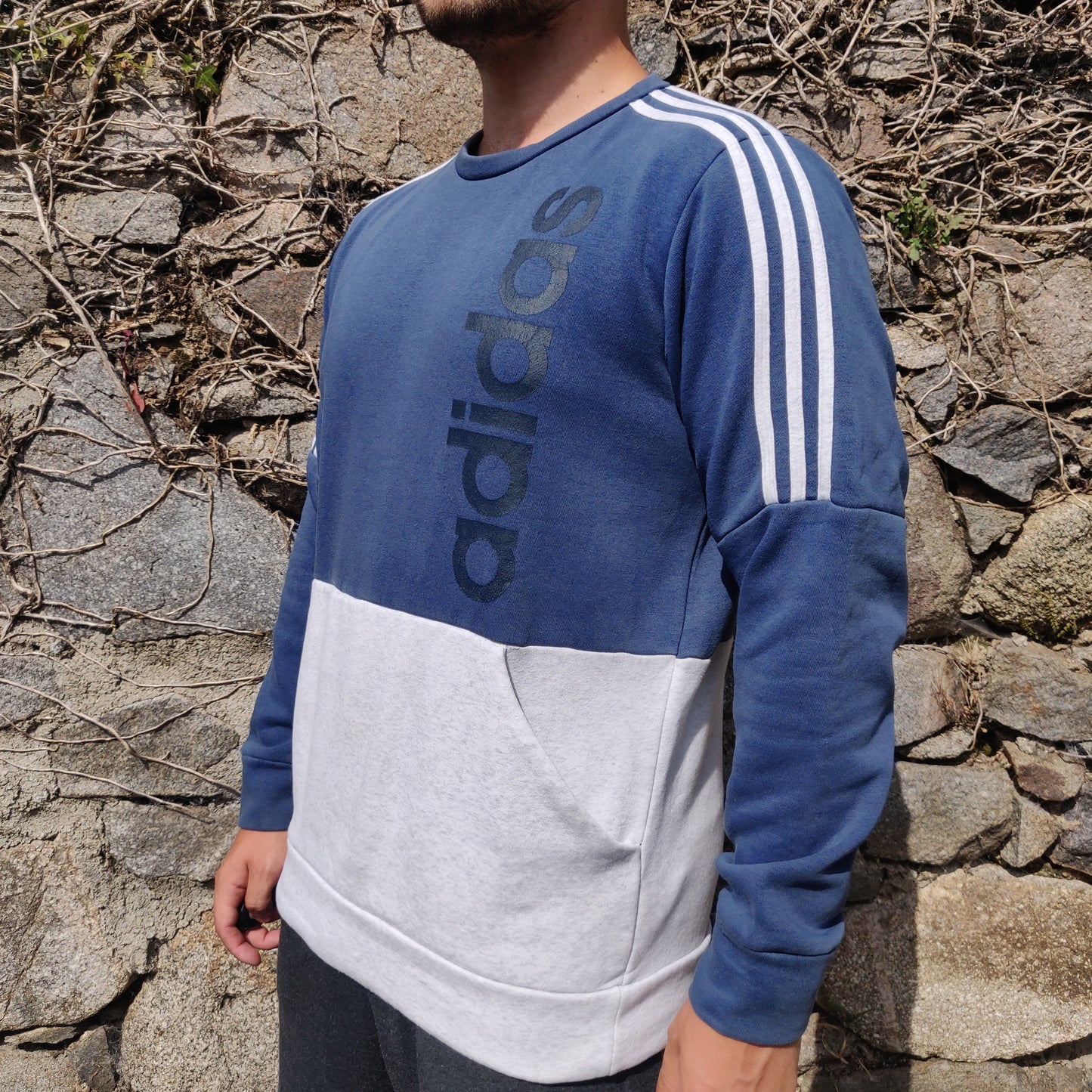 Adidas 3 Stripes Blue White Logo Spell Out Crew Neck Sweatshirt Jumper Men Large