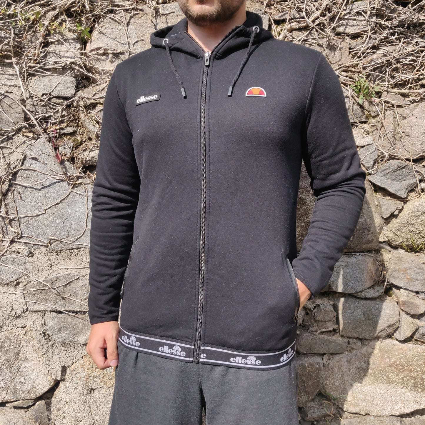 Ellesse Black Fleece Lined Full Zip Hoodie Men Size Medium