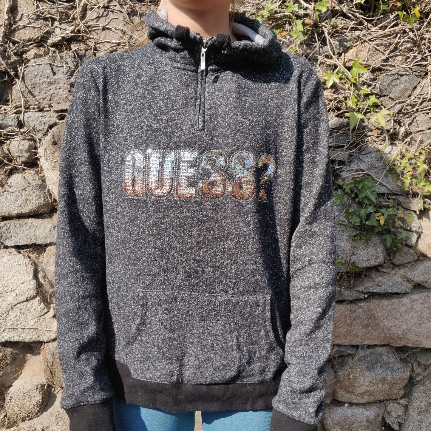 Guess Grey Gold Jeweled Logo Half-Zip Pullover Hoodie Women Size Medium