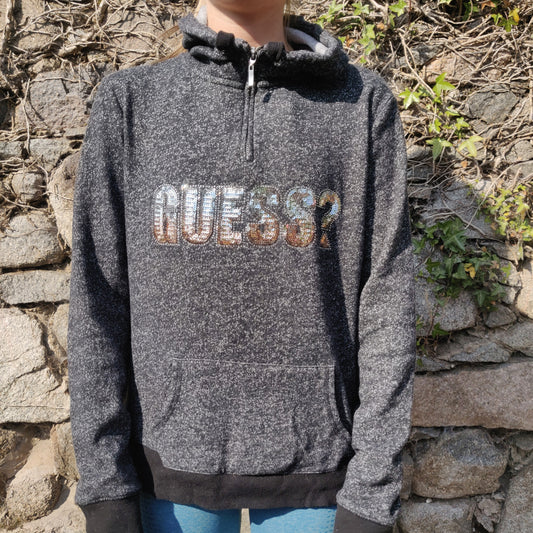 Guess Grey Gold Jeweled Logo Half-Zip Pullover Hoodie Women Size Medium