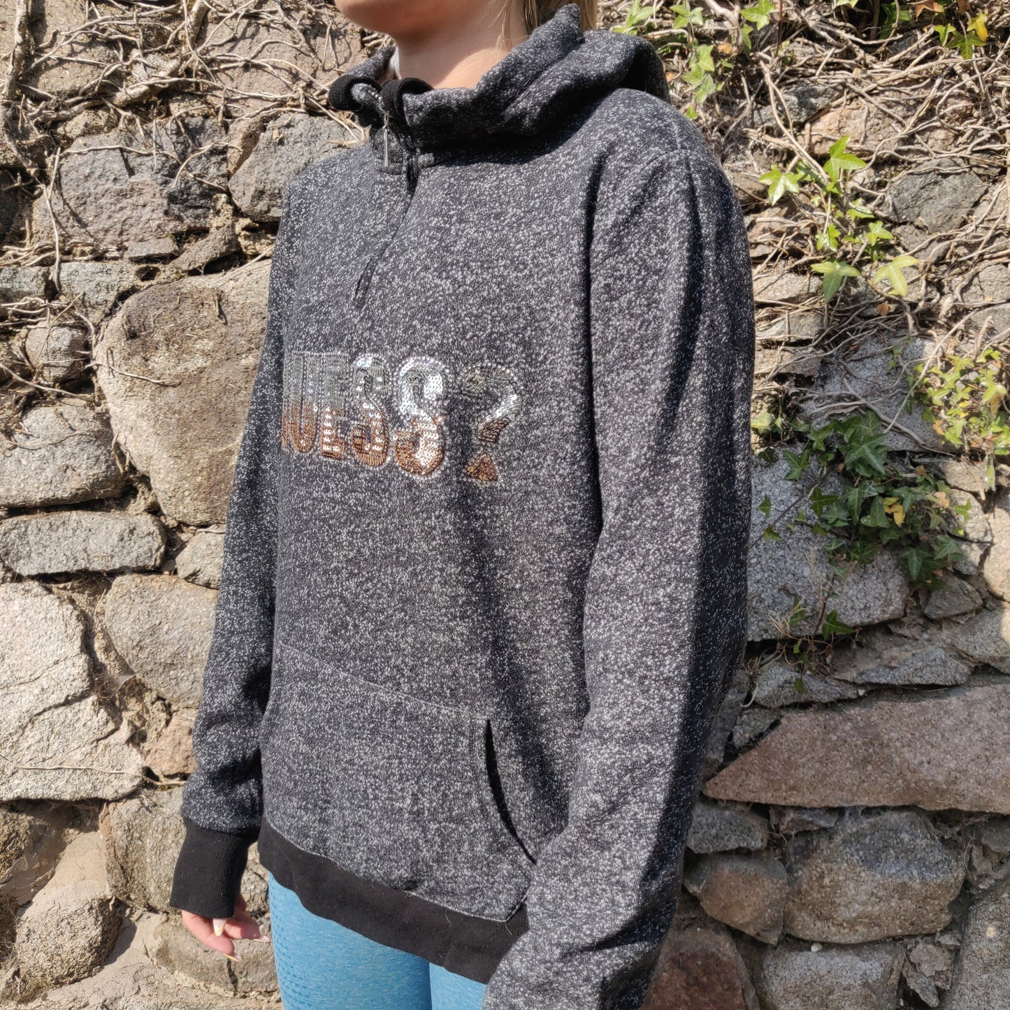 Guess Grey Gold Jeweled Logo Half-Zip Pullover Hoodie Women Size Medium