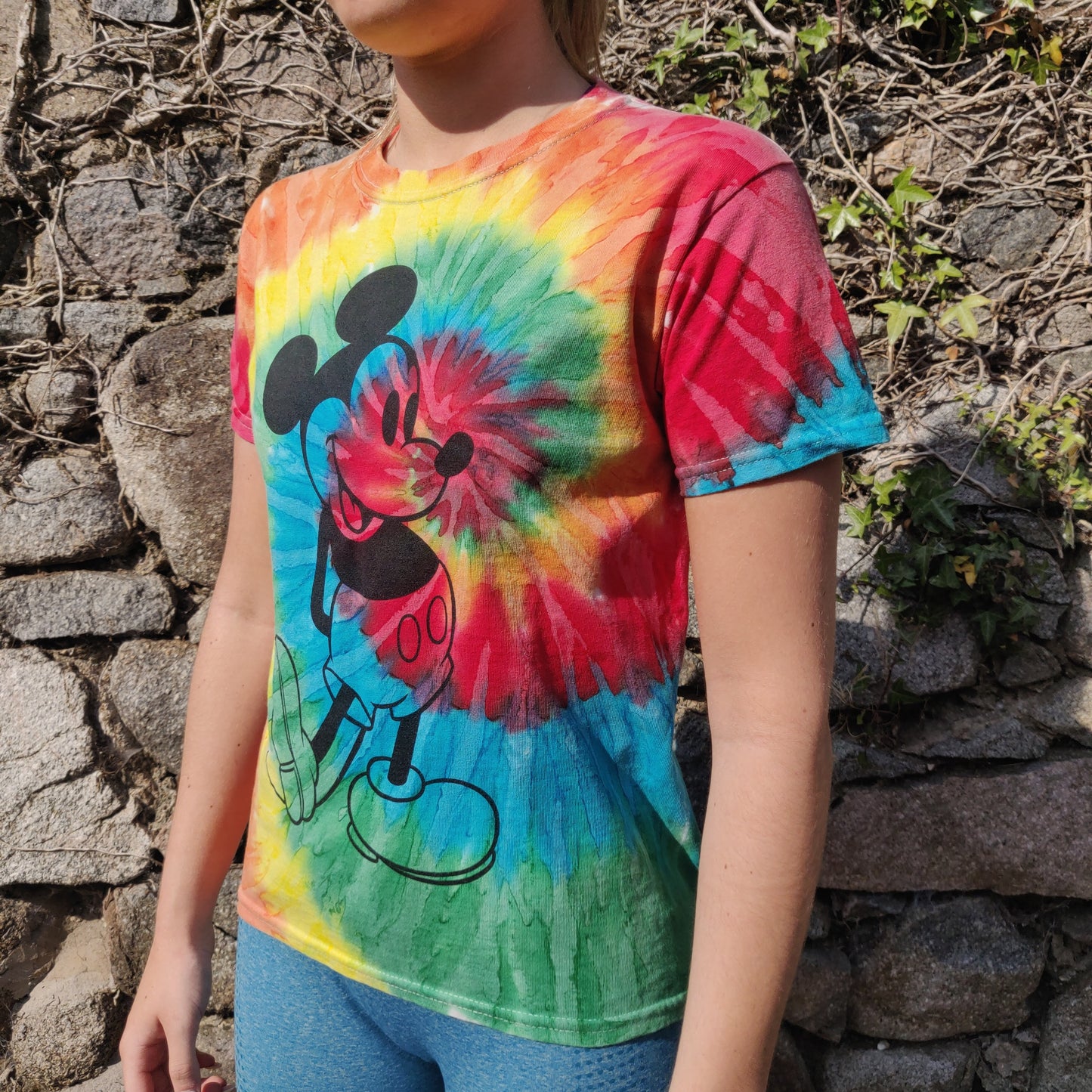 Disney Mickey Mouse Multicolour Dye Crop Tee Crew Neck T-Shirt Women Size Small