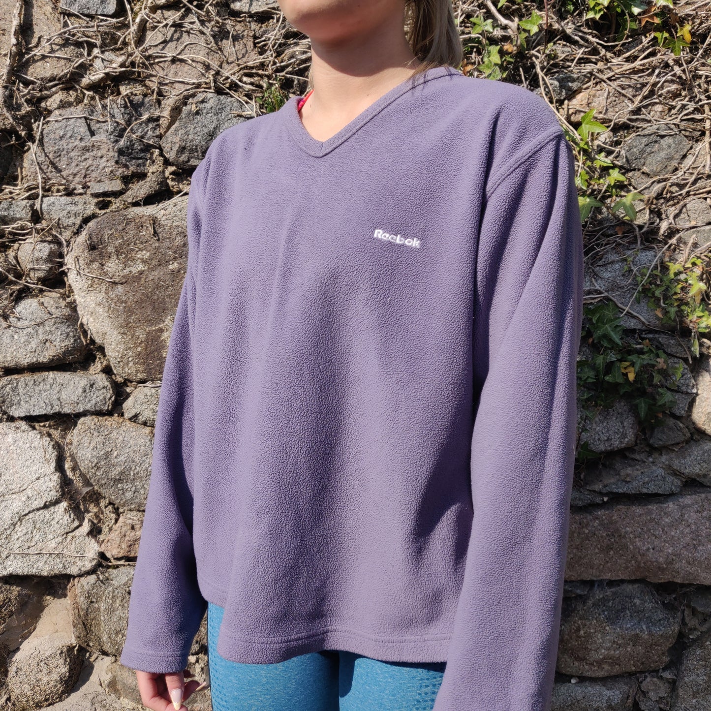Reebok Vintage Purple V Neck Fleece Jumper Sweatshirt Women Size UK 14 / Medium