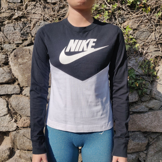 Nike White Black Long Sleeve Big Logo Crew Neck Cotton T-shirt Women Size XS
