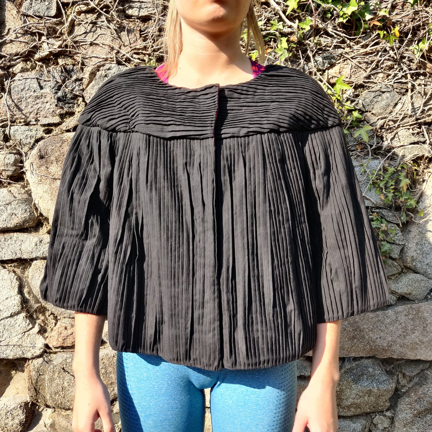 Moto Vintage Black 3/4 Sleeve Pleated Cropped Blazer Jacket Women Size UK 14