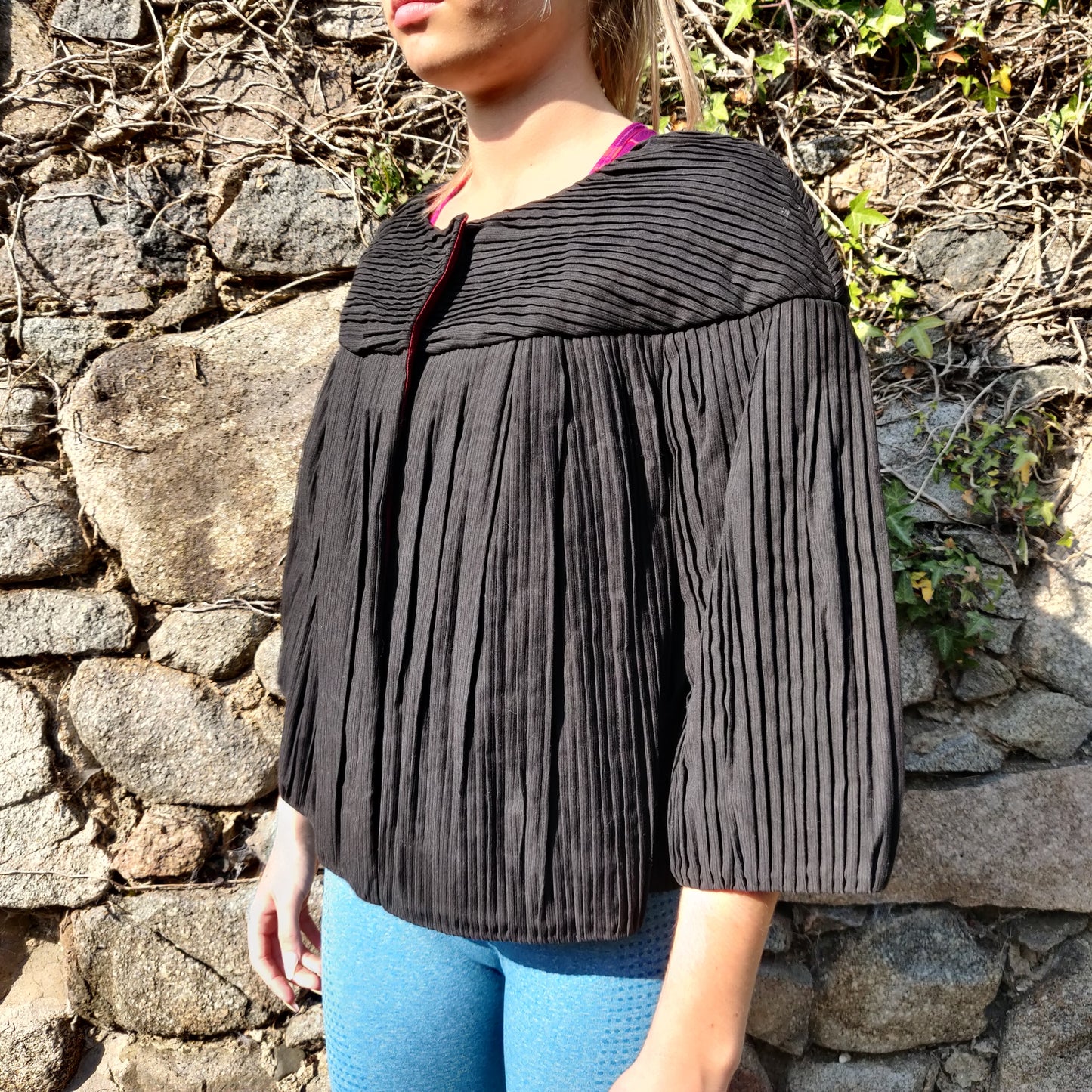 Moto Vintage Black 3/4 Sleeve Pleated Cropped Blazer Jacket Women Size UK 14