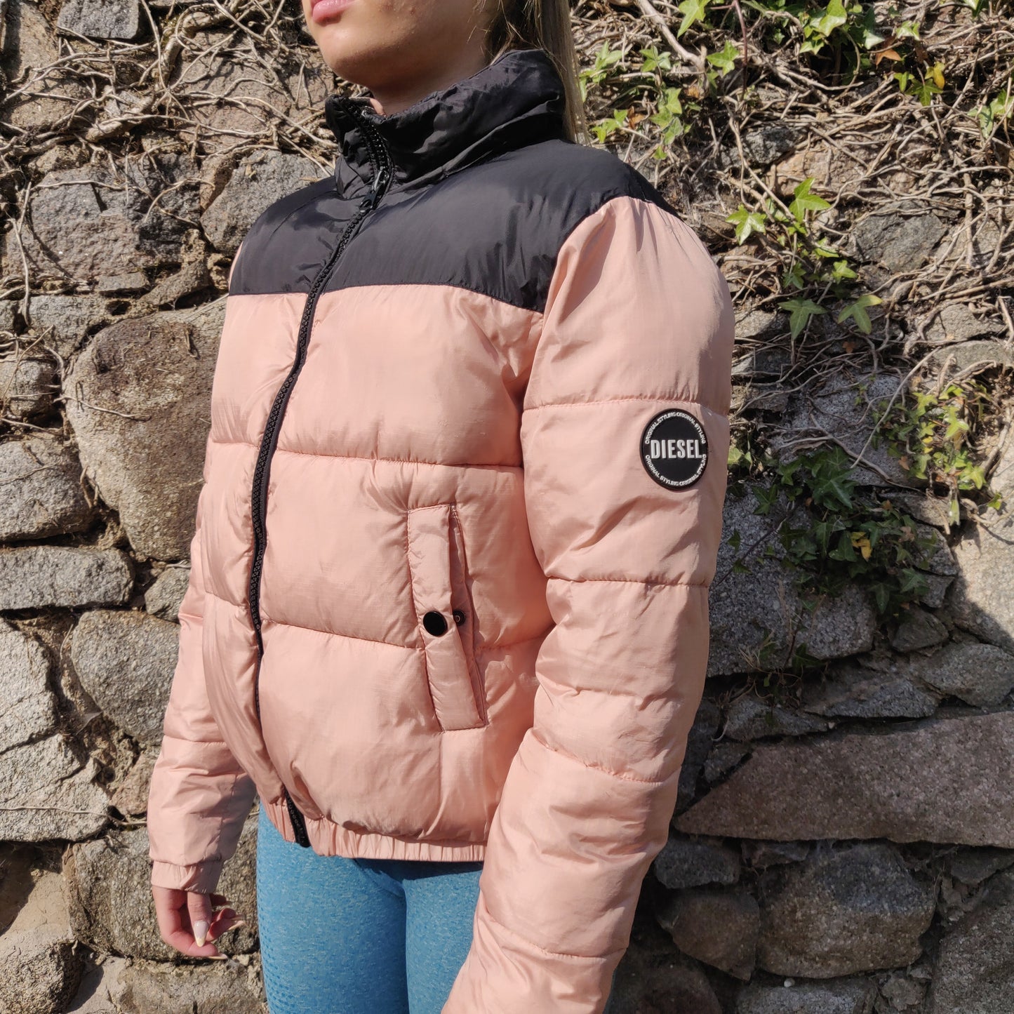 Diesel Pink & Black Quilted Insulated Cropped Hooded Puffer Jacket Women Size Small