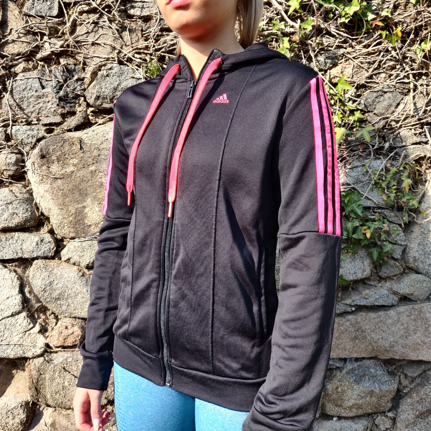 Adidas Black Full-Zip Pink Stripes Hoodie Track Jacket Women Size Small UK 8-10