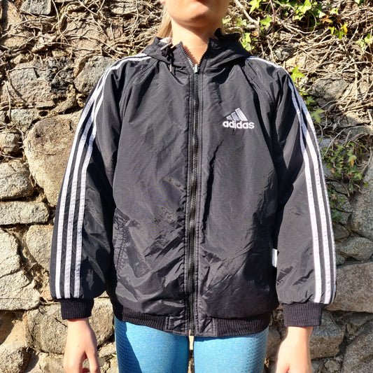 Adidas Vintage Black Grey Reversible Embroidered Windbreaker Jacket Women Size XL