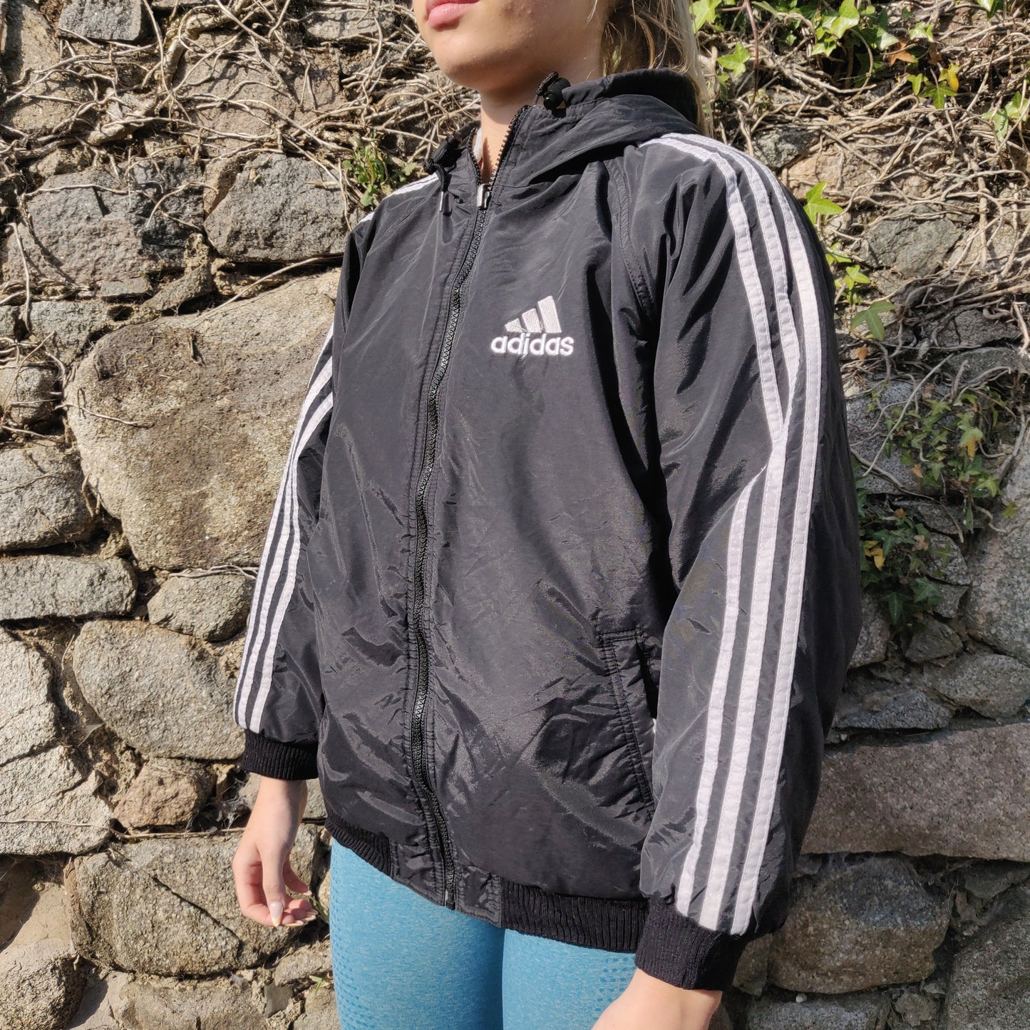 Adidas Vintage Black Grey Reversible Embroidered Windbreaker Jacket Women Size XL