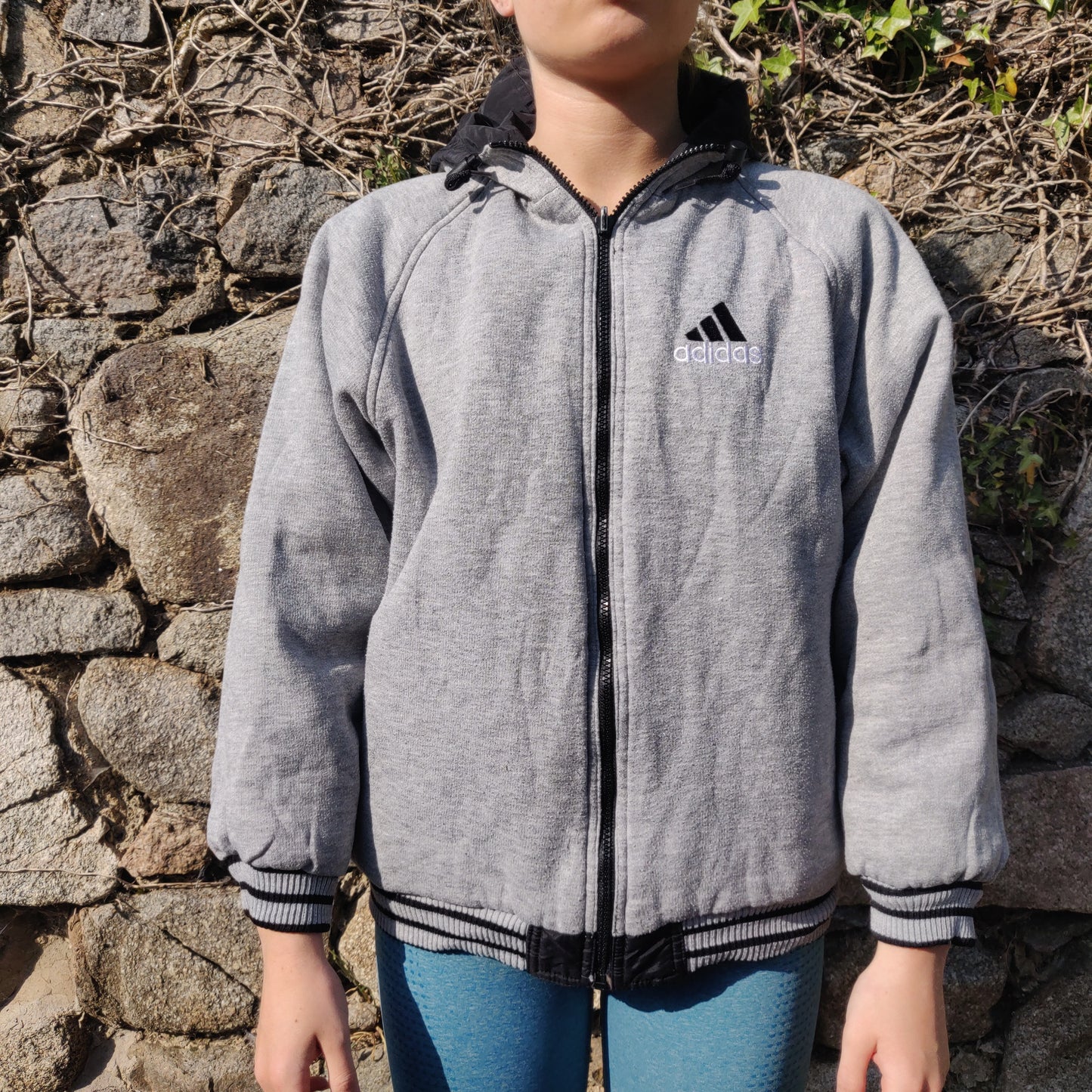 Adidas Vintage Black Grey Reversible Embroidered Windbreaker Jacket Women Size XL