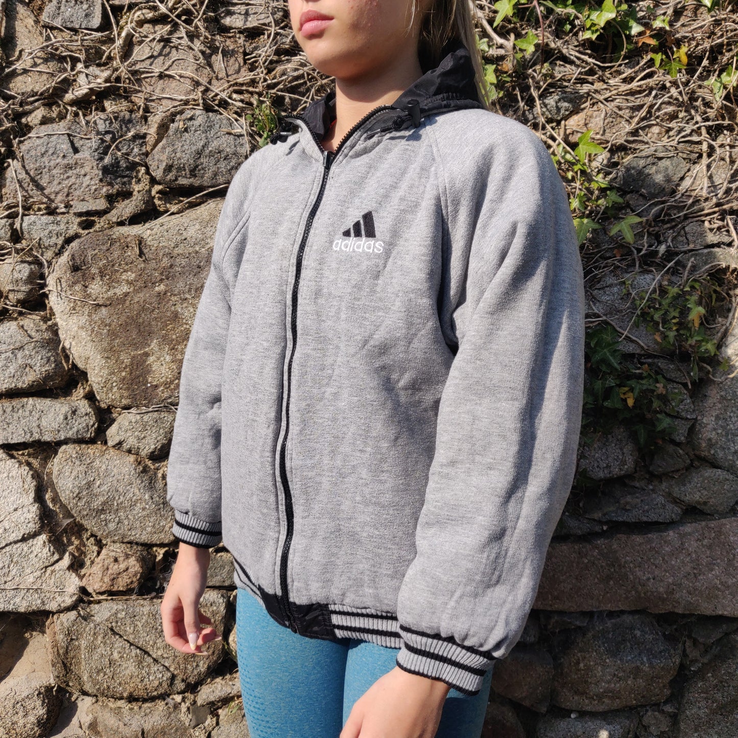 Adidas Vintage Black Grey Reversible Embroidered Windbreaker Jacket Women Size XL