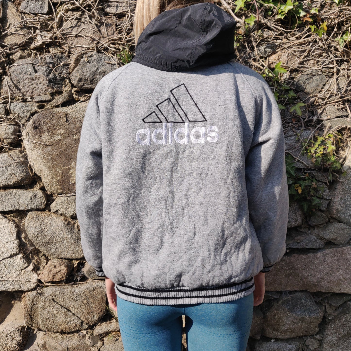 Adidas Vintage Black Grey Reversible Embroidered Windbreaker Jacket Women Size XL